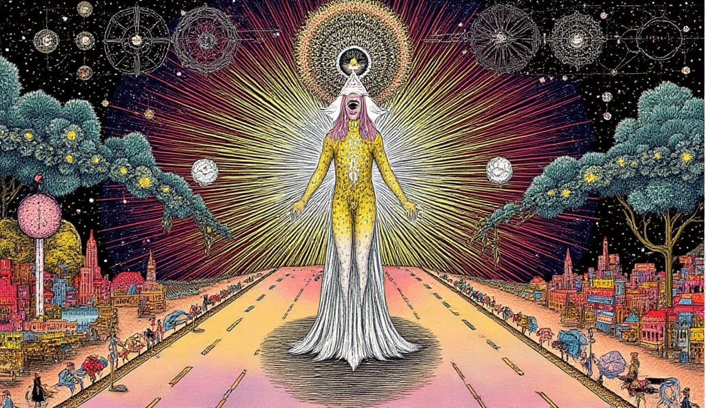 A striking, hyper-detailed cover image of a captivating female figure standing on an alien desert planet. She wears a shimmering bodysuit that accentuates her voluptuous figure, and her long, flowing hair cascades down her back. Her striking blue eyes and plump lips convey a sense of mysterious allure. The background is a surreal blend of otherworldly landscapes, with towering rock formations and a distant cityscape. The overall atmosphere combines the photorealism of Boris Vallejo's style with a touch of sci-fi surrealism, evoking a sense of wonder and adventure.