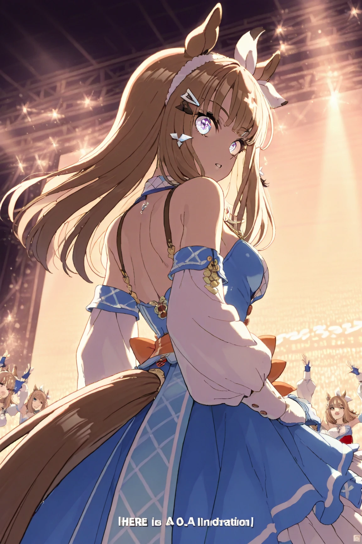 (masterpiece, best quality), best resolution, (2heads:1.5), 1girl, nanashi mumei character, extremely long brown hair, extremely long ponytails braided together, hair between heads, hair reaching floor, brown eyes, different facial expressions, nanashi mumei, long hair, yellow eyes, open mouth, smile, happy, singing, dancing,detached sleeves, concert stage