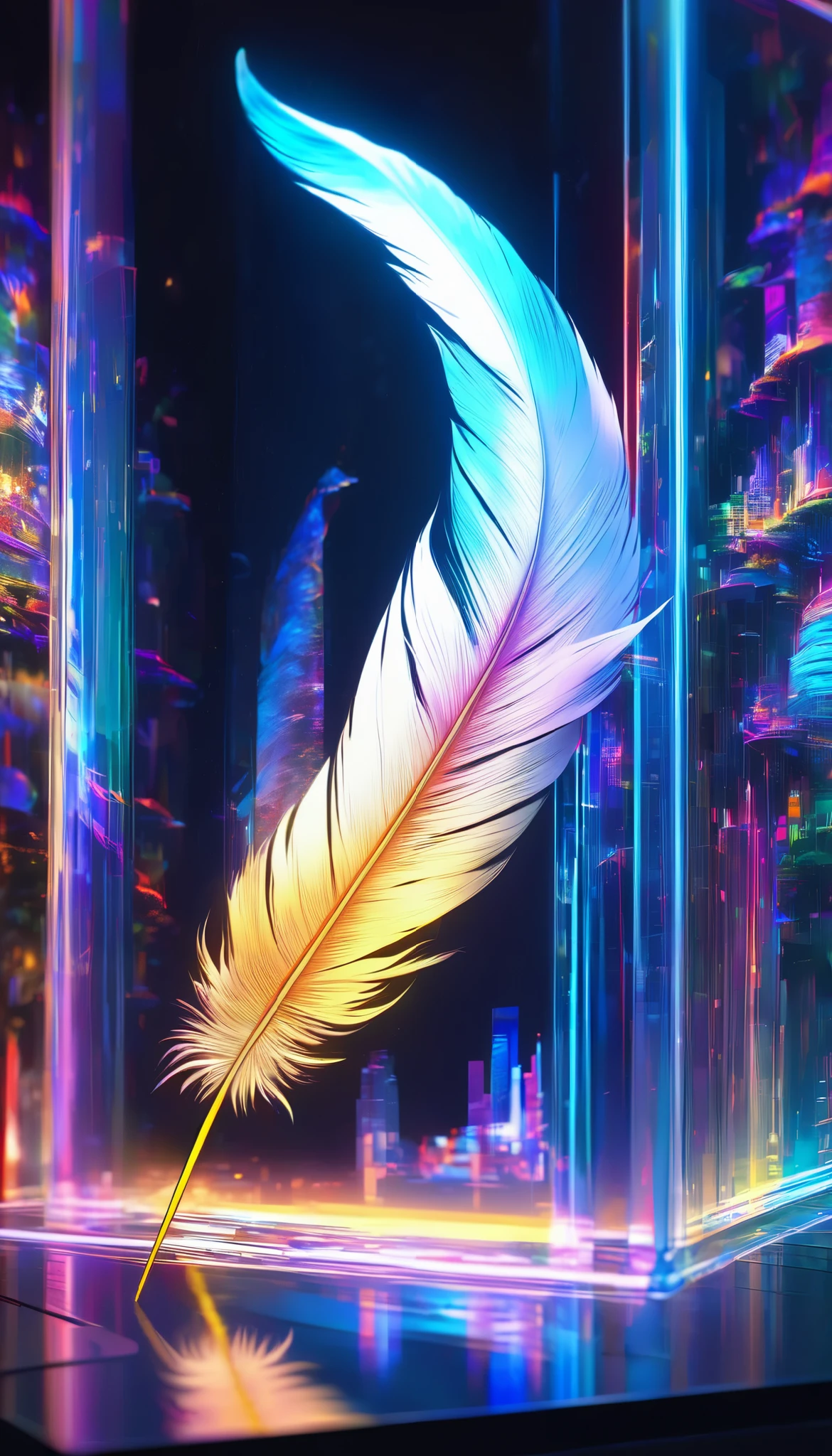 Ultra High Definition Details, An artistic feather, It comes to mind, Uplifting emotion, Extreme Transparency, Distorted Storytelling,  timelapse, Written with an illumination pen, by 0__11Xx _illu, SUPREME QUALITY , 4K, 8k, vivid digital art ,