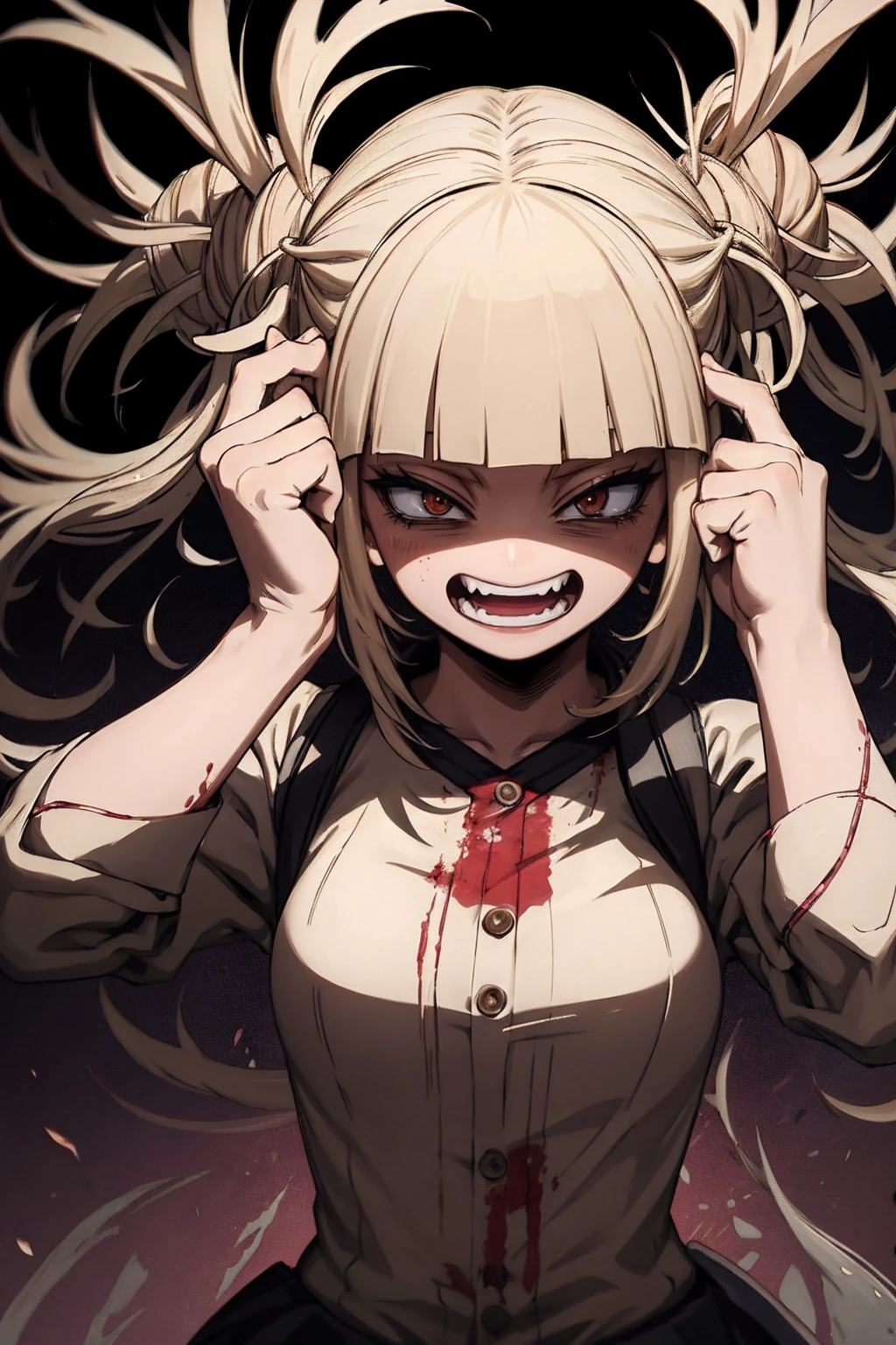 masterpiece,high quality,最high quality,4K,Very detailed,4K,Sharpen the focus,(face),head,Himiko toga,Blonde,Messy Hair,Yellow Eyes,(Shining Eyes),(Blood splatter:1.7),red light,笑face,big 笑face,tooth,psycho 笑face,Guess face,Dark city background,darkness,night,(close),Good Eyes, good teeth,