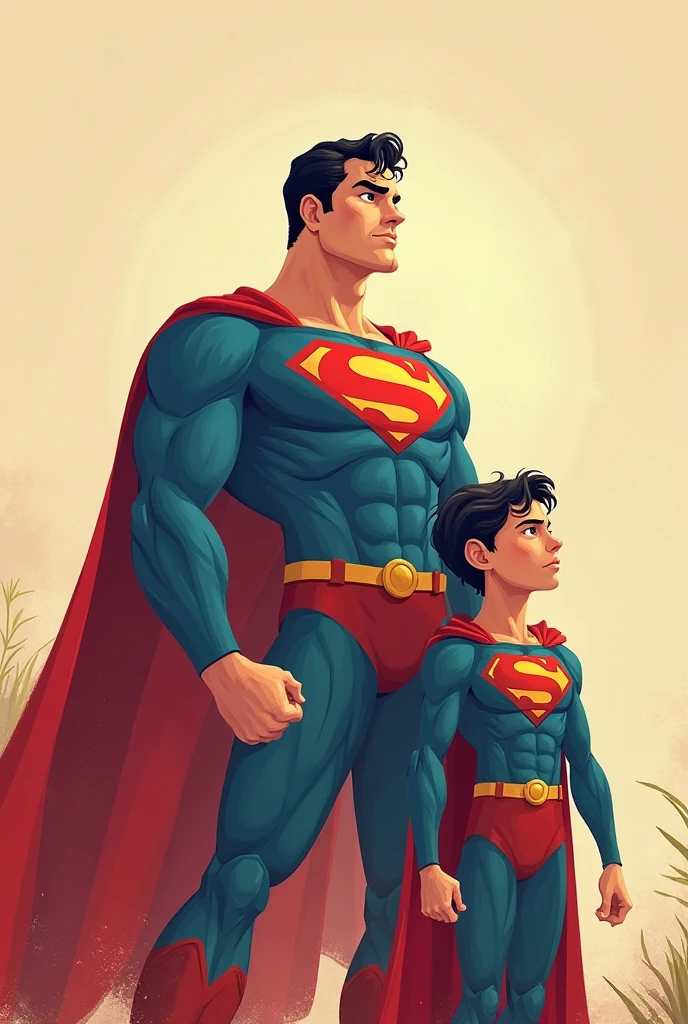 Make images of two superheroes without the head part, being a superhero in a child's body and a superhero in an adult's body