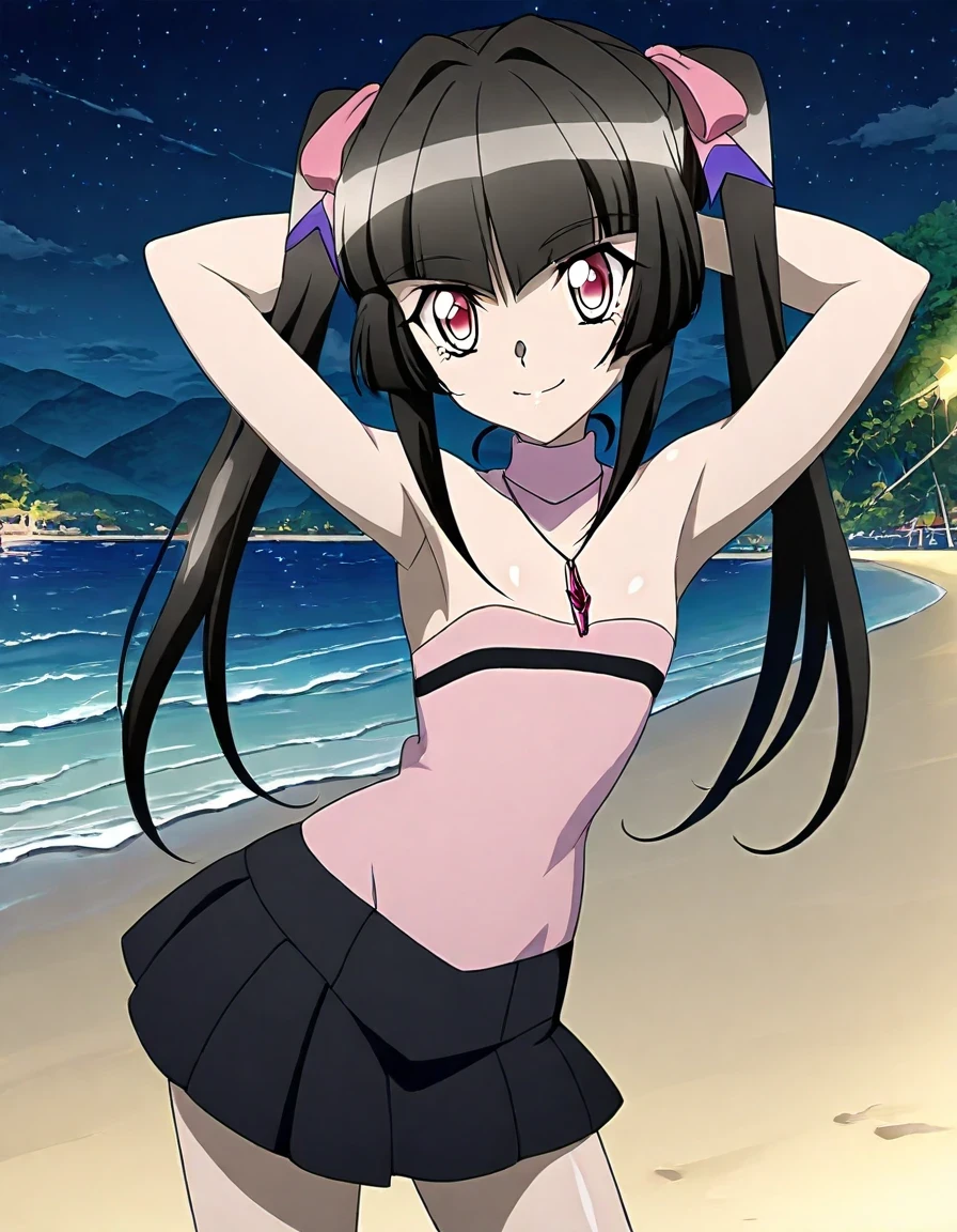 anime screencap, anime art style, senki zesshou symphogear, twintails, crimson eyes, black hair, long hair, twintails, jewelry, pink eyes, necklace, blunt bangs, 1girl, shiny hair, skirt, shiny skin, high quality, solo, night sky, beach, hands behind head, ((contrapposto)), closed mouth, cowboy shot, looking at viewer, smile, best quality