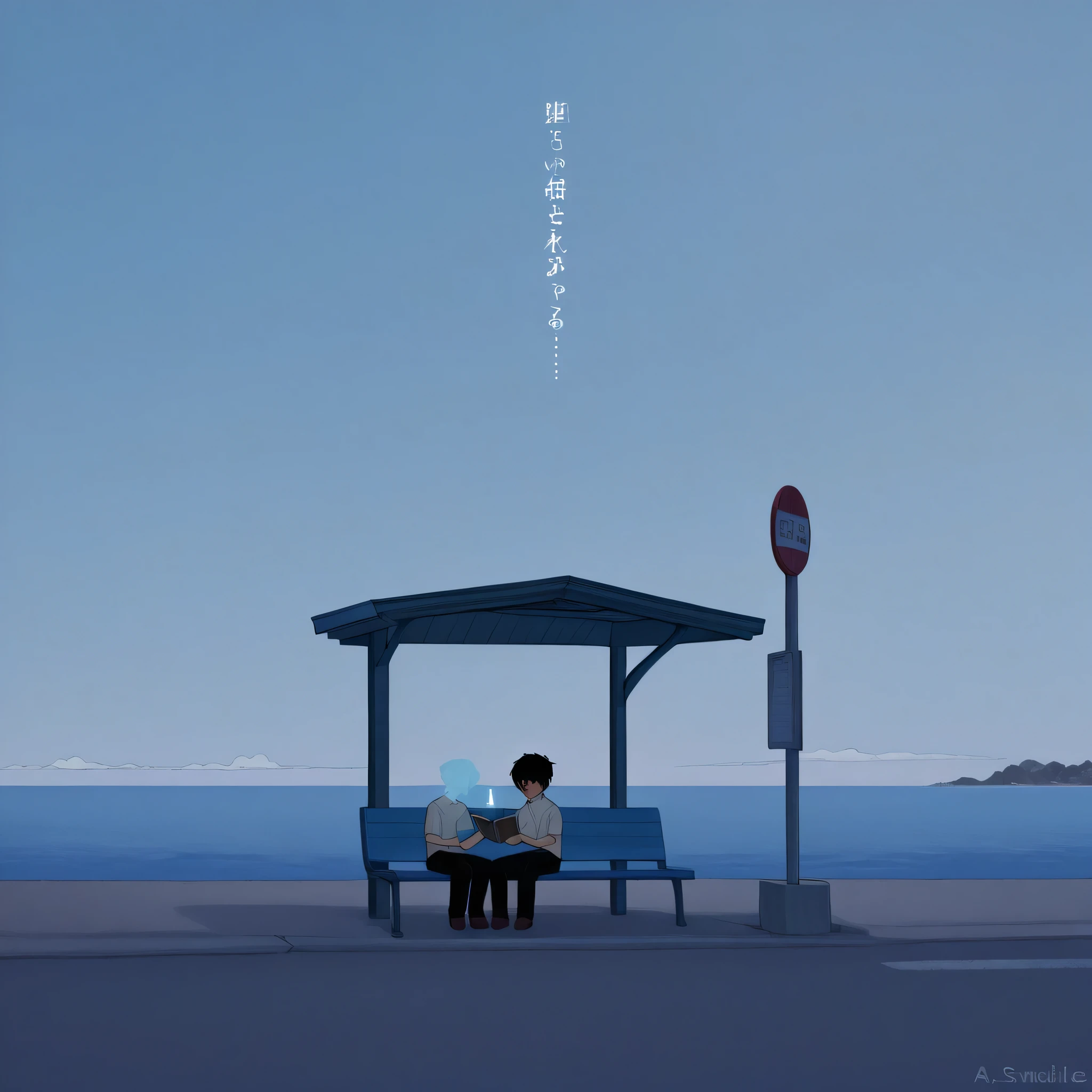 A serene anime-style scene at a seaside bus stop, bathed in soft summer light. A young boy with short dark hair sits on a vibrant blue bench, holding a book in his hands, lost in thought. Beside him, a faint, ghostly figure of another boy stands, slightly transparent, with an ethereal glow. His expression is melancholic, as if lingering between the past and present. His school uniform is similar to the seated boy's, with a white short-sleeved shirt and dark pants, but his form flickers subtly, blending into the air like mist.
Behind them, a concrete seawall separates the bus stop from the vast ocean, where calm waves blend seamlessly with the horizon. Above, an expansive sky is adorned with large, fluffy white clouds, glowing softly under the summer sun. A red and white bus stop sign with Japanese characters stands nearby, marking the location.
The illustration features a delicate, watercolor-inspired anime style with light, airy brushstrokes. The color palette is dominated by cool blues, soft pastels, and gentle whites, with the ghostly boy subtly blending into the background, adding a mysterious yet nostalgic atmosphere