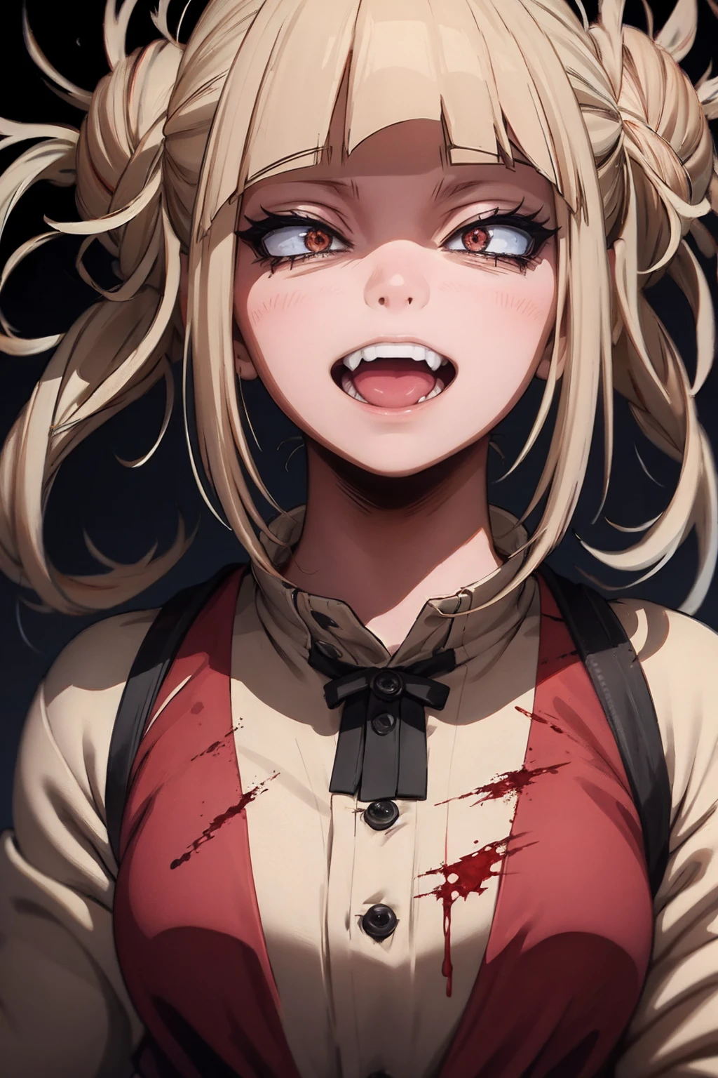 (best quality), (masterpiece), (solo), 1girl, power_csm, blonde hair, yellow eyes, cross-shaped pupils, symbol-shaped pupils, red horns, ((((happy, blood, mistress clothes, sadistic))))