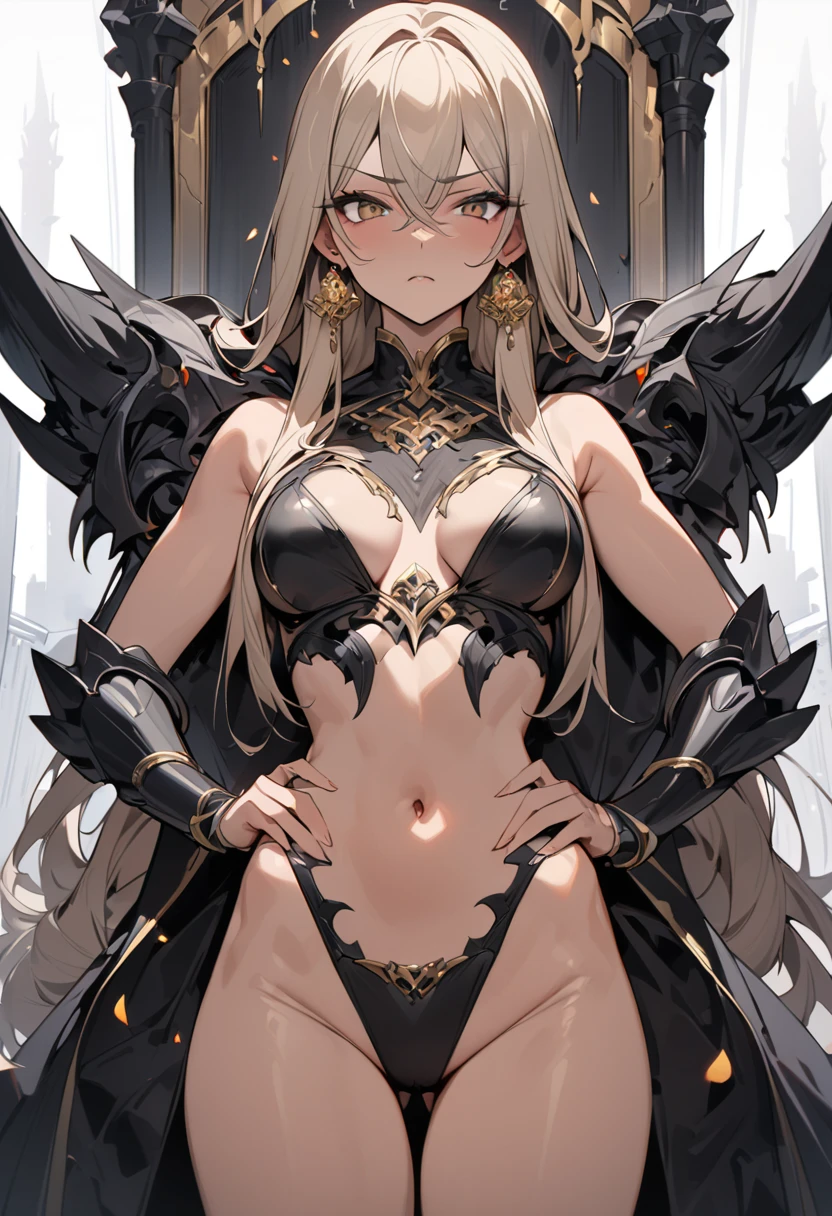 1girl, breasts, solo, horns, long hair, albedo (overlord), wings, large breasts, dress, hip vent, black wings, white gloves, gloves, looking at viewer, black hair, white dress, bare shoulders, hair between eyes, yellow eyes, feathered wings, demon horns, smile, feathers, demon girl, cleavage, slit pupils, detached collar, bangs, very long hair, closed mouth, black feathers, cowboy shot, covered navel, elbow gloves, white horns, standing, demon wings ,