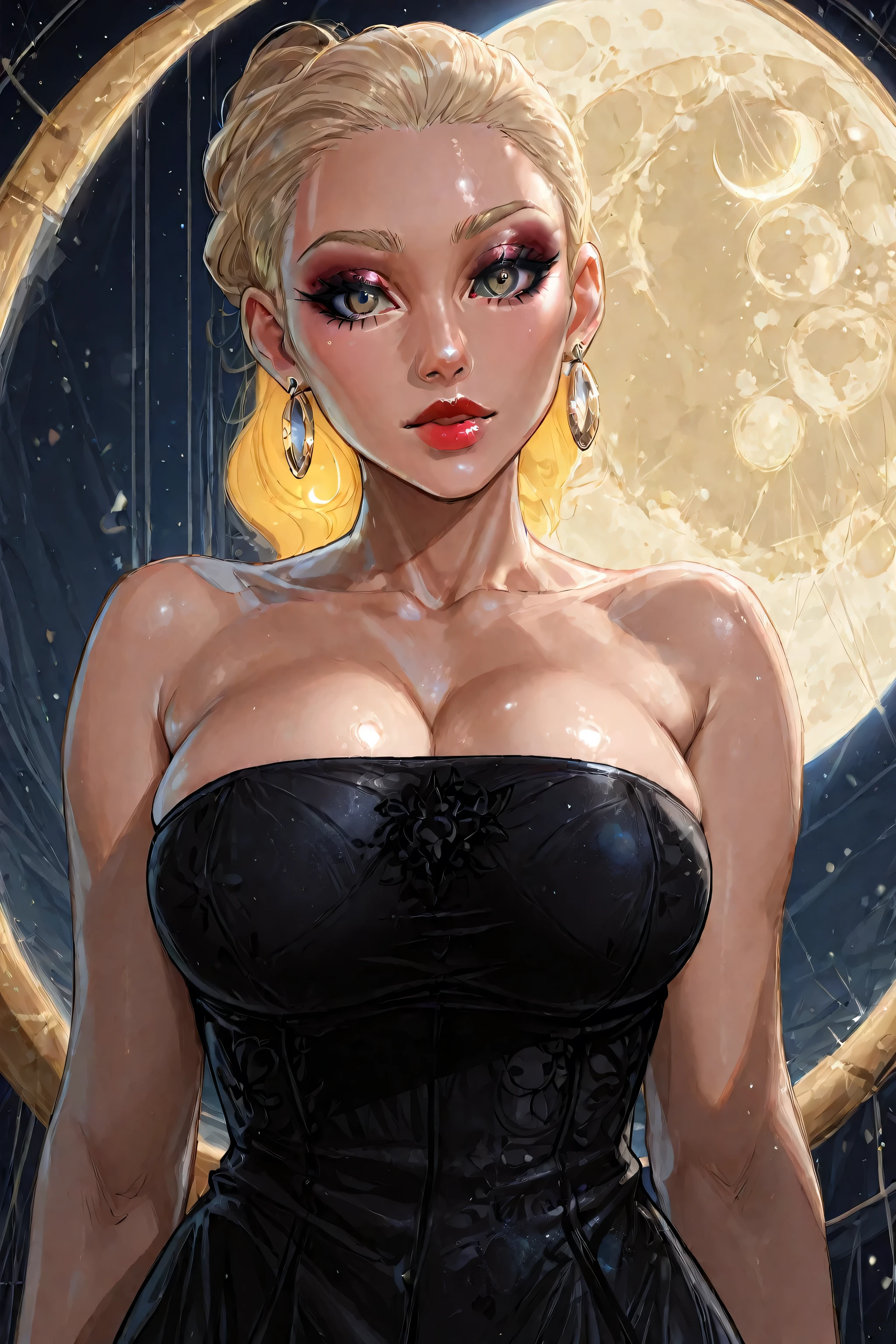 moon, 1girl, full moon, solo, strapless, strapless dress, dress, sun, crescent moon, blonde hair, slick back hair, (forehead), bare shoulders, earrings, black dress, lips, makeup, looking at viewer, circle, (huge breasts)