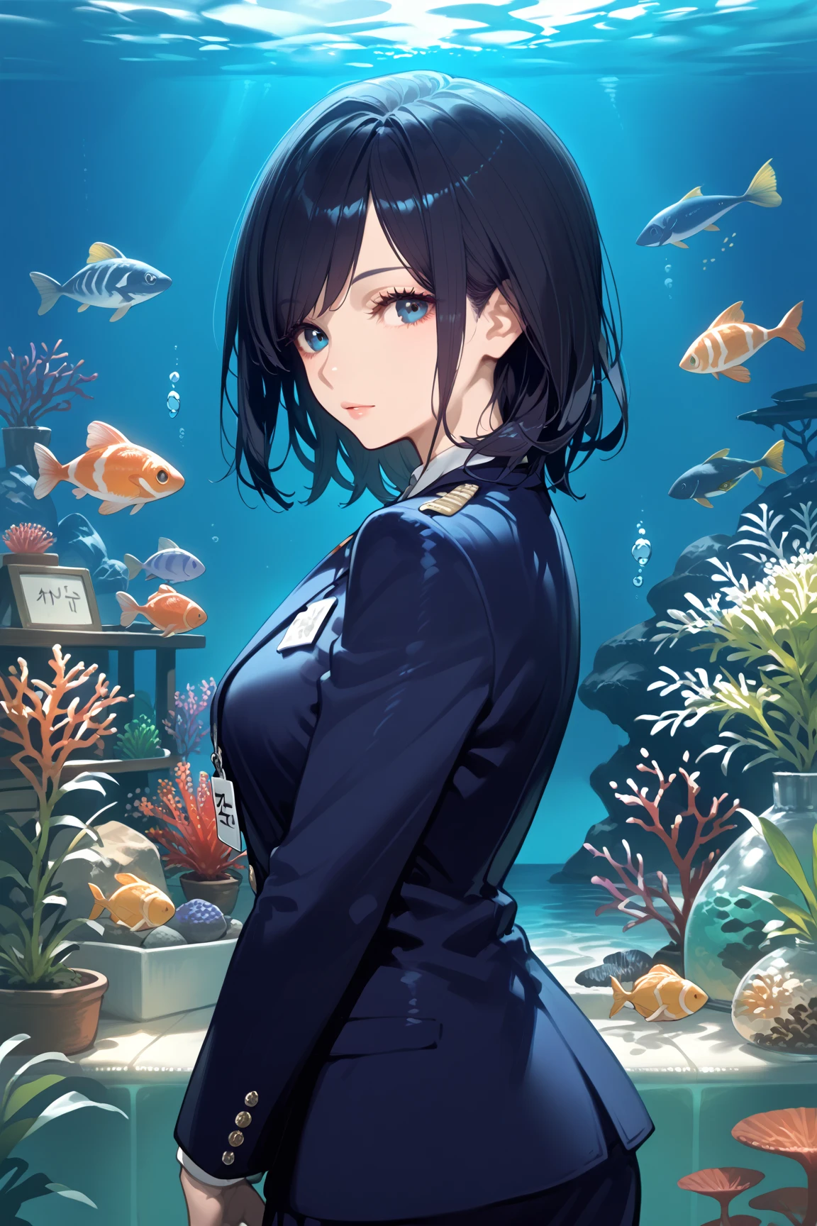 masterpiece, best quality, full body, (1girl), (smiling), ((solo)), (magazine:1.3), (cover-style:1.3), fashionable,Under water, (in side tunnel aquarium),