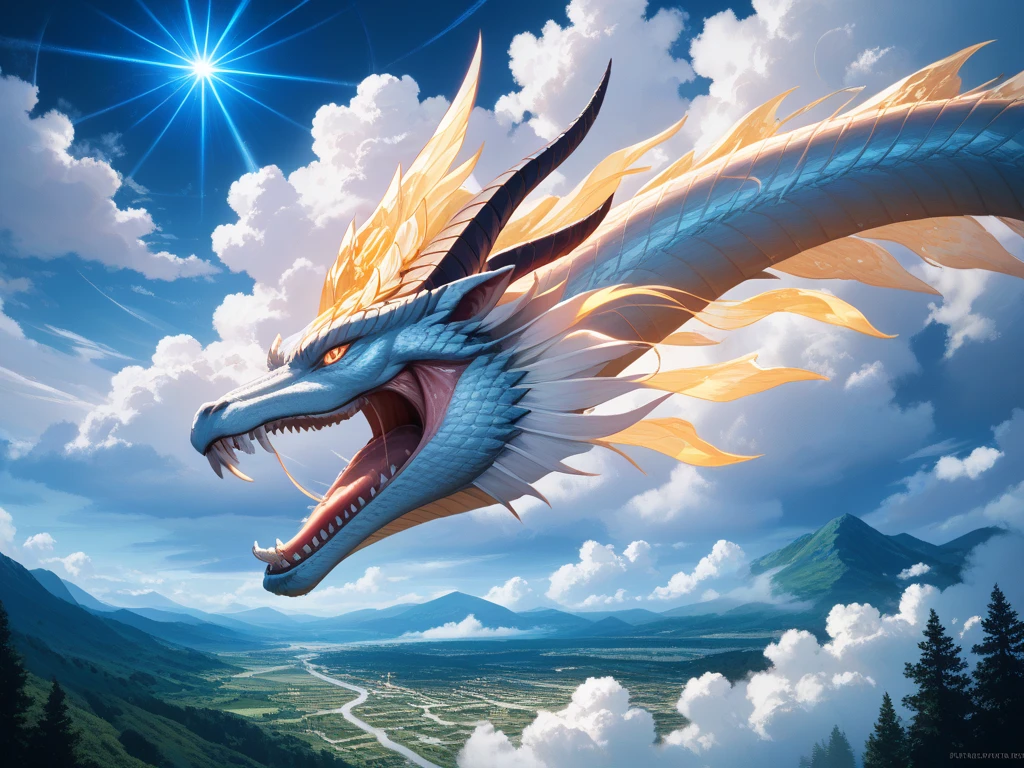 8k,RAW photo,best quality,masterpiece,dynamic angle, dragon flying on the sky,its scales glistening in the sunlight. the sky rumbled with thunder,chinese dragon,golden rati <lora:long3ZHENGZE-000012:0.8>