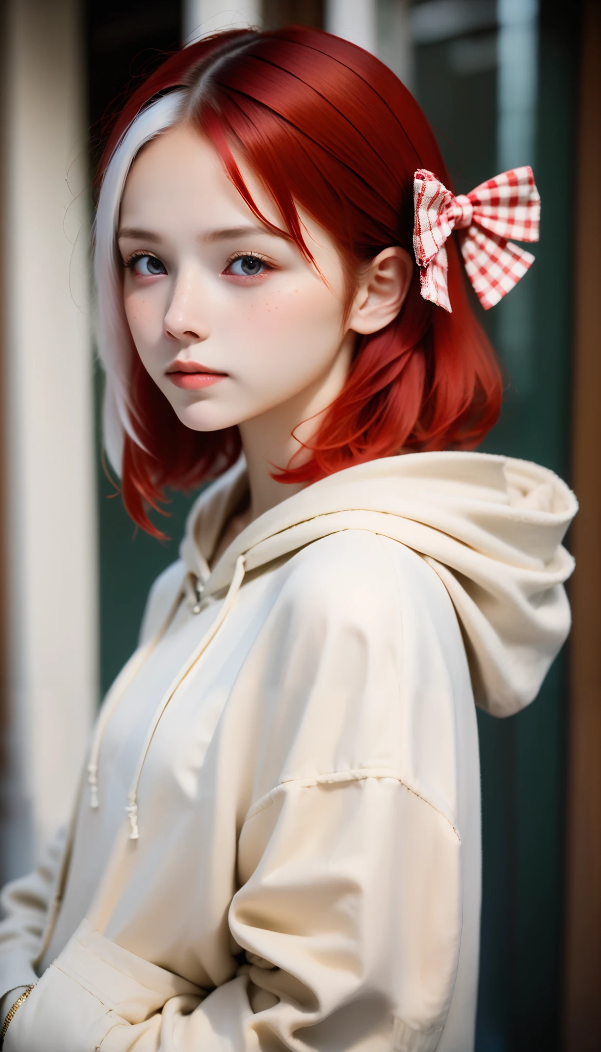 ((( downtown, Times Square in New York:1.7))), score_9, score_8_ up the side , score_7_ up the side , score_6_ up the side , high quality, high contrast, 1 girl, s up the side ermodel, ( Portrait), red hair, 短いhair, hair bow, big red hair bow,((( hair:1.5))), straight hair 、short bob、Cute hairstyle、前hair、 white highlights, freckles, gray eyes、cowboy shot:1.7, beige hoodie , break,