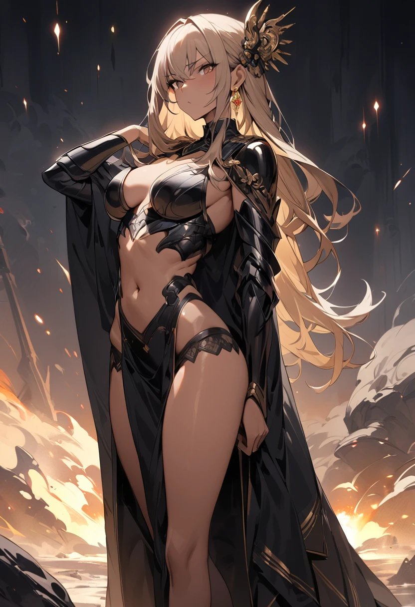 (top-quality、hight resolution、8k、masterpiece:1.2)。(Appearance of female warriors:The power of lightning in the right arm、My right arm burns and smoke rises.、god of thunder、Thunderbolt、Curvaceous but slender、accessorized、mole、Eyebrows、double tooth、canine teeth、Fangs of the Beast、hair that stands on end、Clear detailed yellow eyes、blondehair、a choker、 a necklace、Bracelets、Misanga、arm band、Tattoo on the shoulder、Fleshy lips、Physical beauty、well-muscled、Mysterious fashion、Oversized trousers、unreal、Depiction in motion、angry expressions)Rubble and pebbles float up、They cover her whole body。
Gain power comparable to God、Depict her battle moments against the Keepers of Hell。