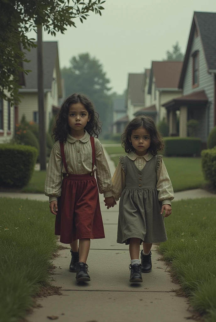 Two  girls walking with dolls, the girl in front is walking, and the girl in the back is holding the doll and looking at the girl in front