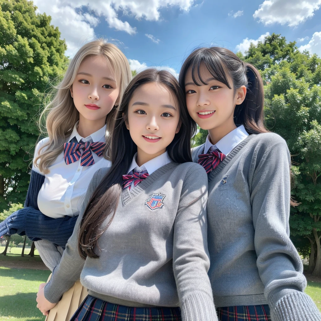 (3 girls), Young faceอินโดนีเซีย, 12 years,smile, white skin, Round breast, blue eyes,((Female high school student uniform、cardigan、Very short plaid skirt、))Masterpiece, Highest quality, 8K, beautiful girl, Young face、 photography, Cute face, thigh,In the meadow, Embarrassing、รอยsmile、((((((อายุ 12 years))))))、small waist、 ((Busty breasts))