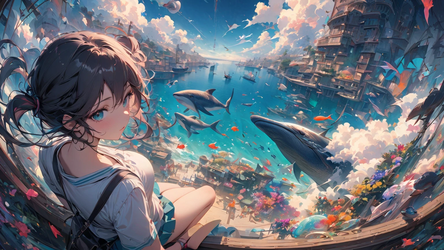 fantasy、nostalgic、fantasy、A girl is standing in the distance、view from the water、a lot of fish are swimming、