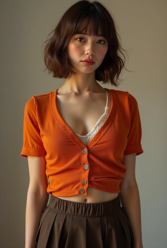 (Highest quality, 8K, 32k, masterpiece, Ultra-high resolution:1.2),Beautiful Japanese Women Photos, Rainbow clothes、Rainbow hoodie、Large Breasts, Very short bob hair,Red hair, necklace, Simple Background, From above, View your viewers,Red Hair、White background、