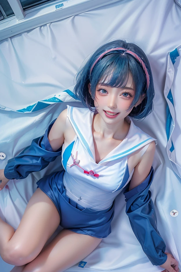 a woman in a sailor hat and blue skirt holding a shirt, hatsune miku short hair, seductive anime girl, mikudayo, digital art on pixiv, hatsune miku, anime moe artstyle, trending on artstation pixiv, miku, pin on anime, top rated on pixiv, anime girl with teal hair,