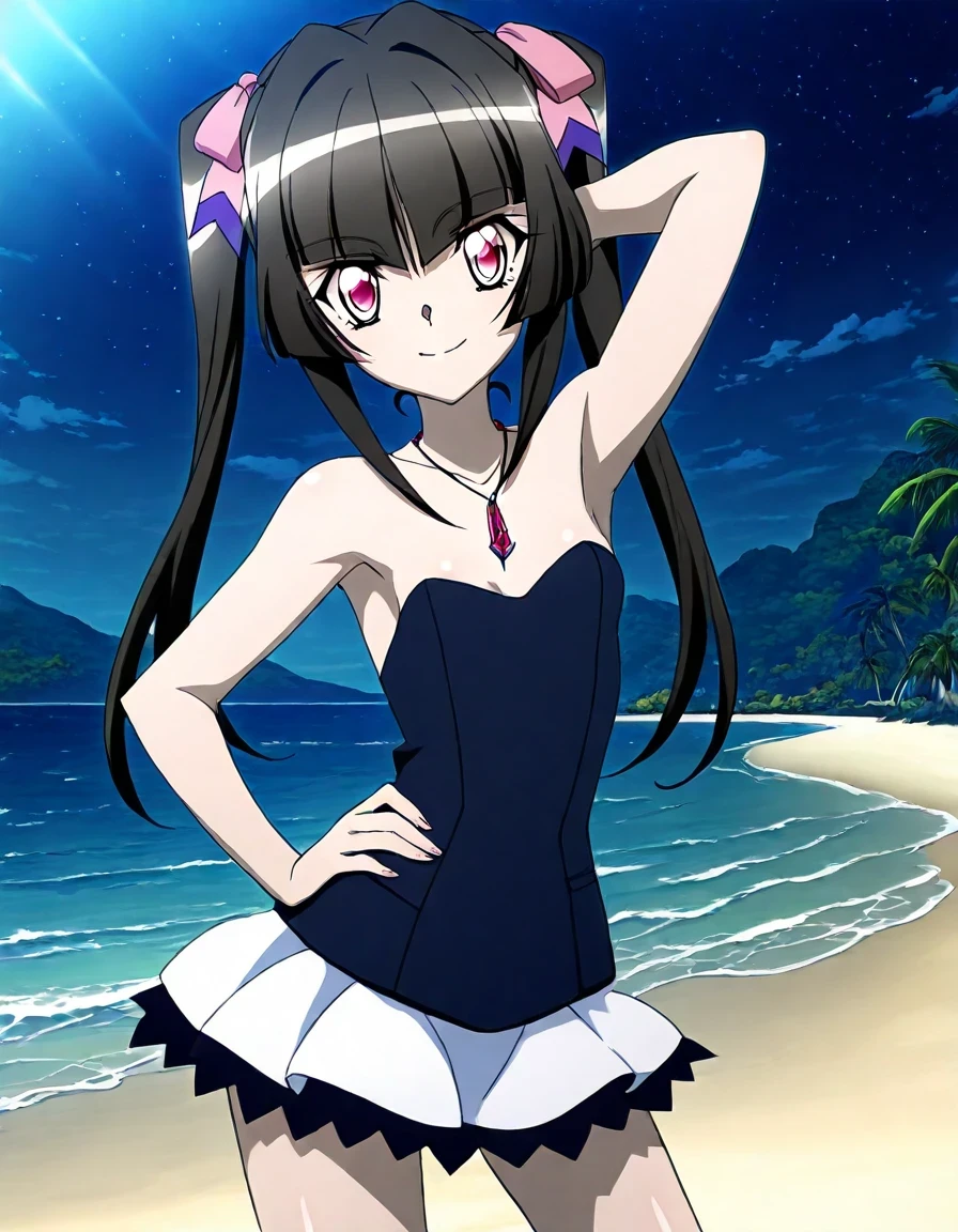 anime screencap, anime art style, senki zesshou symphogear, twintails, crimson eyes, black hair, long hair, twintails, jewelry, pink eyes, small breast, necklace, blunt bangs, 1girl, shiny hair, skirt, shiny skin, high quality, solo, night sky, beach, hand behind head, hand on hip, ((contrapposto)), closed mouth, cowboy shot, looking at viewer, smile, best quality