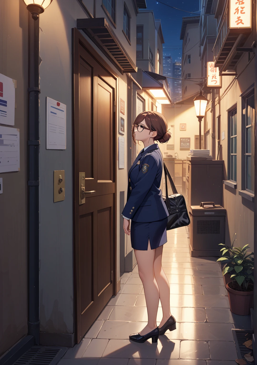  Panorama ,looking up,1 girl,office lady,navy skirt,low bun,brown hair,brown eye,short hair,swept bangs,night,city,Alley,Returning Home,walk,navy jacket ,bag, expressionless,Looks sleepy,from side,Glasses,look up far away,looking up,full body,Standing signboard,fat old man,Enter the building,open the door