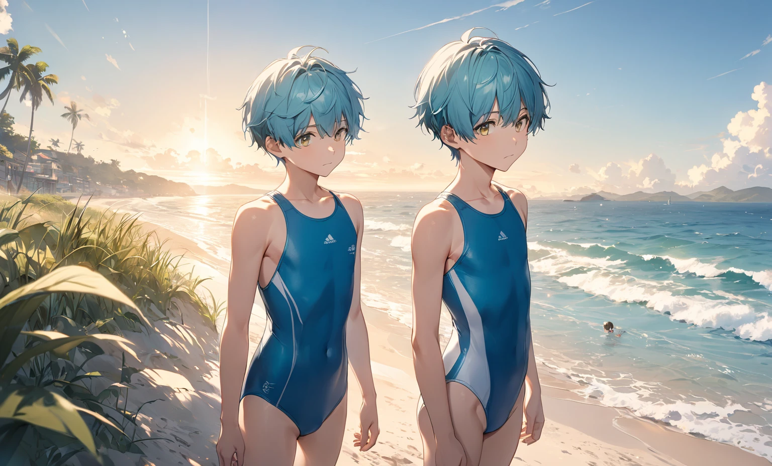 14 and 15 years old, Two cute silver-haired brothers aged 14 and 15 argue in the middle of the desert in blue male swimsuit