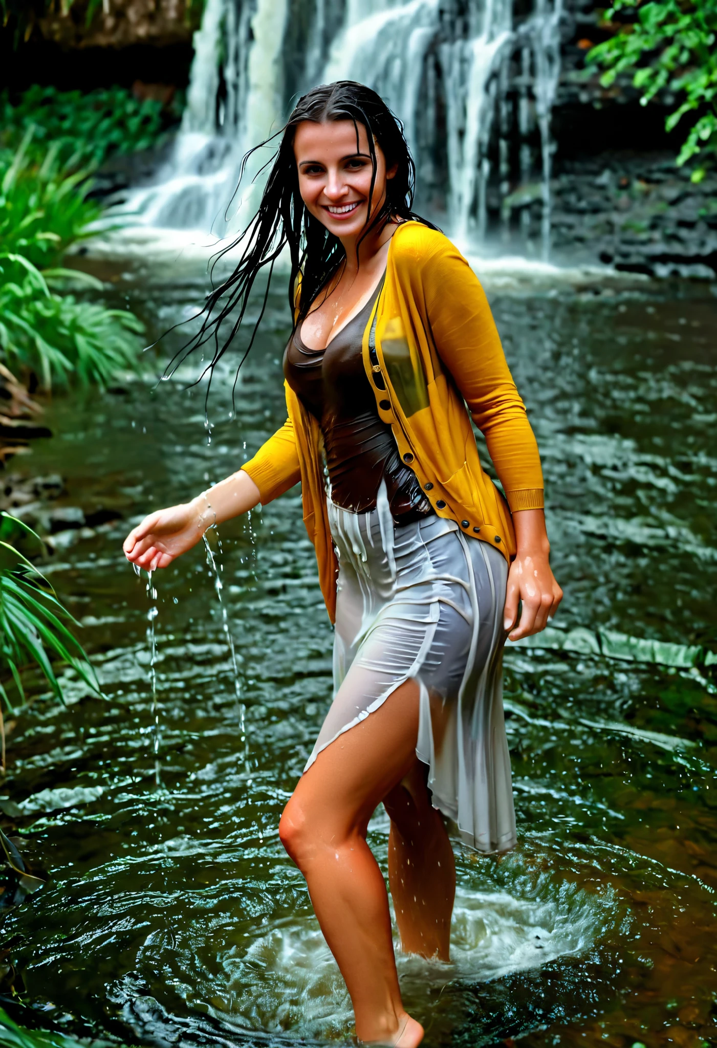 woman sitting in the water in a river, next to a waterfall, in water up to her shoulders, dripping wet, bathing in a waterfall, gorgeous lady, cute woman, gorgeous woman, in the water, gorgeous female, in a river in the jungle, blue cardigan, dark blue skirt, layered clothing, open neck, close up, depth of field, beautiful model, playing in waterfalls, with waterfalls, wet clothes, oily clothes, dripping water, running water, smile, summer heat