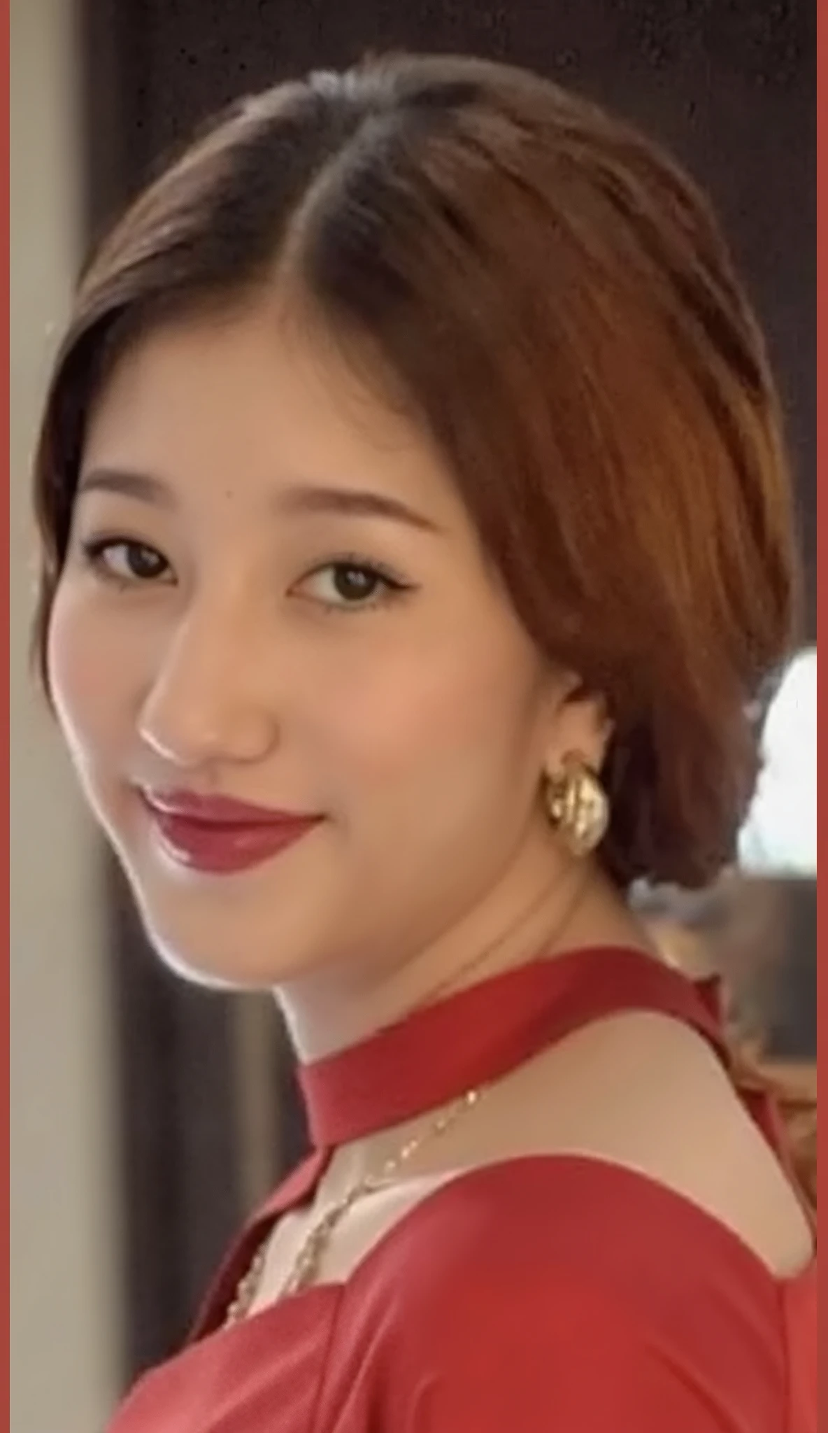 transparent cotton top, realistic dress creases , realistic body cleavage,(transparency of dress: 0.7), cotton top, thin cotton textile,dress creases, wear tight,big breasts, round breasts, (fat:0.5), small waist, hourglass body, perfect body, round ass, A hyper-realistic portrait of a stunning Thai woman with delicate facial features, expressive almond-shaped eyes, well-defined eyebrows, soft pink lips, and a natural, radiant complexion. Ultra-detailed skin texture with visible pores, fine wrinkles, and natural imperfections, enhanced facial structure, sharp eyes with intricate iris details, and high-resolution body texture. She wears a form-fitting cotton dress with realistic fabric folds, enhanced creases, and visible stitching, showcasing the soft, breathable texture of the material with elegant draping and organic flow. Cinematic lighting with deep contrast, smooth gradients, and high dynamic range. Shot with a high-end Canon EOS R5, 85mm f/1.2 lens, ultra-sharp focus, extreme, large hips, wide hip, arch hips, large arch hips, photorealism, perfect clarity, breathtaking visual quality, 8K resolution, masterful light balance, and best color grading, huge breasts, large breasts,curvy body, (fat:0.5), big hips, arch is big, very big arch hips, huge breast
