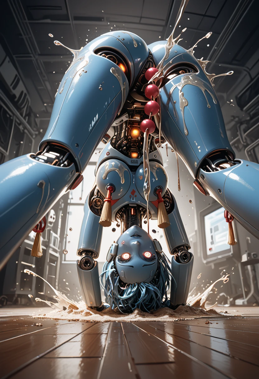 A robot that lands, female android , put 1hand on ground, mixed color, multiple color, red and blue body, glitter body, shockwave for around on ground, sand smoke, jet fire from backpack, naked frontal, ass beads, ((tassels with nipple Pastie)), leaking oil, Overflowing oil, scattering oil, splash oil, oil on ground, (((from below view))), from front, sex, ((static shock line)),