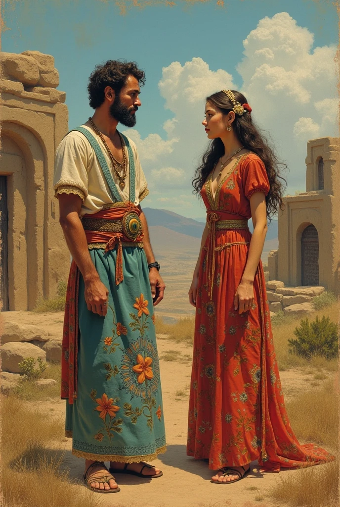 Scene reflecting the spirit of Anatolia in ancient times, is depicted in the foreground with a man and a woman in a dress with two floral patterns, with a grave and a  in the background.  I hope you like the inscription !