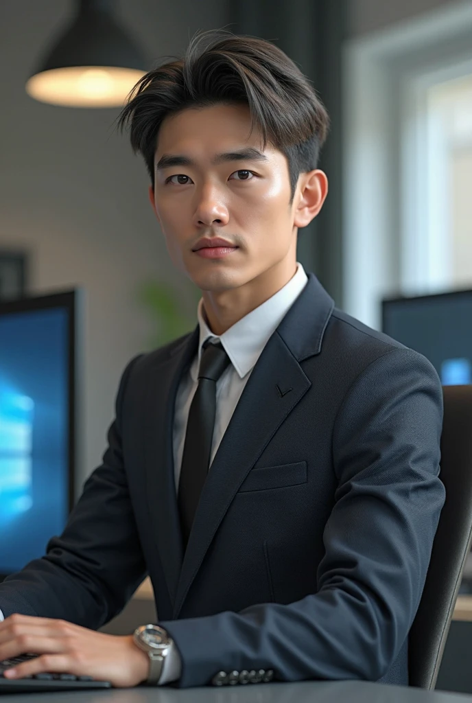 (Chinese man), working, modern city, Handsome, ((office,)), (fully body photo)