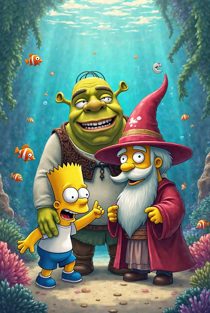 Fun cute illustration by Homer Simpson, Shreck and Merlin the father clownfish of Nemo. Prune together for a photo