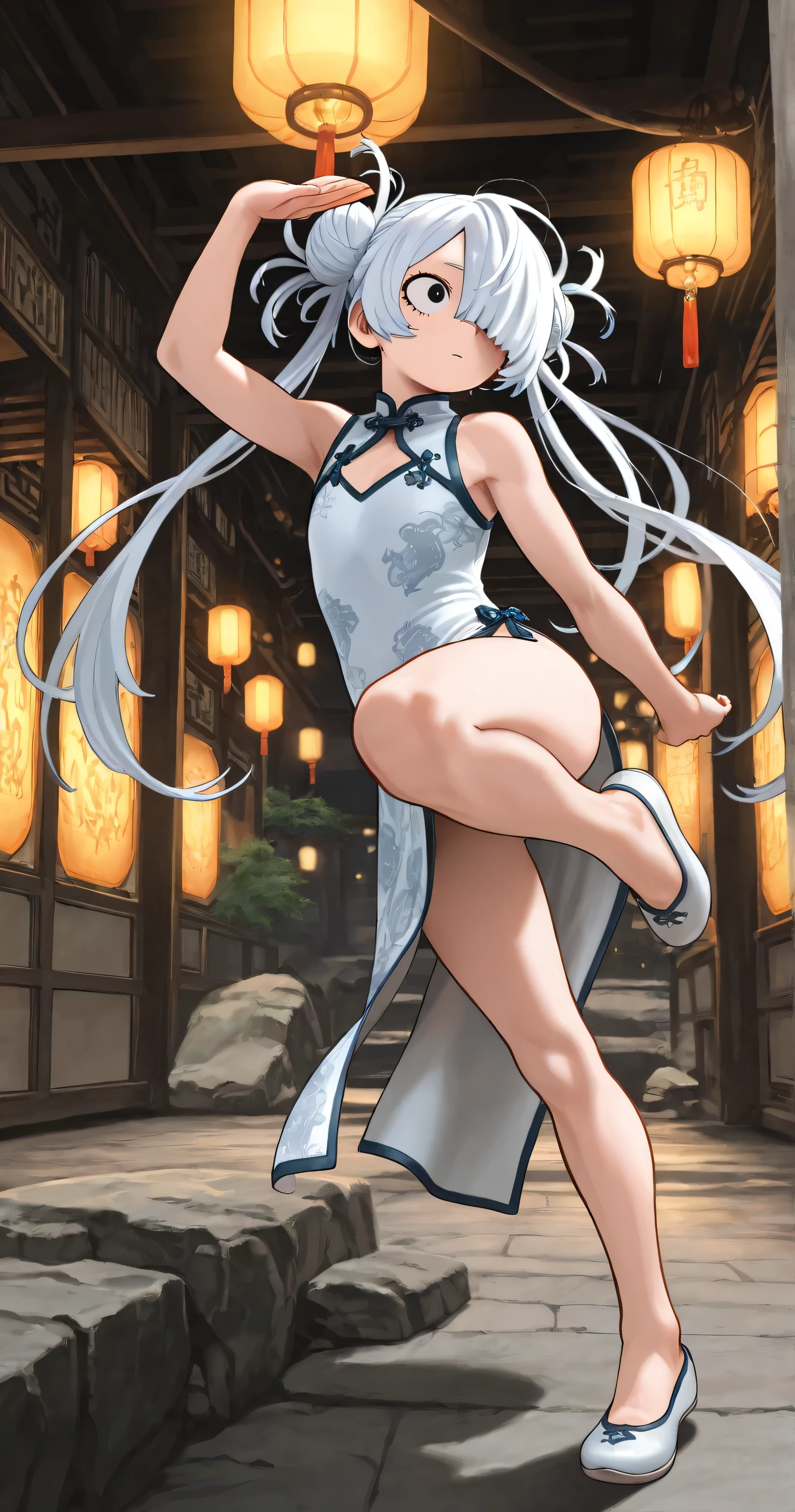 (Masterpiece), (Top Quality Anime Illustrations), (Ultra High Definition CG), (Full Hands), One Girl, Solo, Silver-haired Beautiful Girl, Anime Loli, Cat Ear Loli, Petite, Thigh Emphasis, Light Blue and Gold and Silver Cheongsam, Side Breasts, Side, Panties, Smile, Buttocks, Buttocks Up, Back Cutout, Bamboo Forest