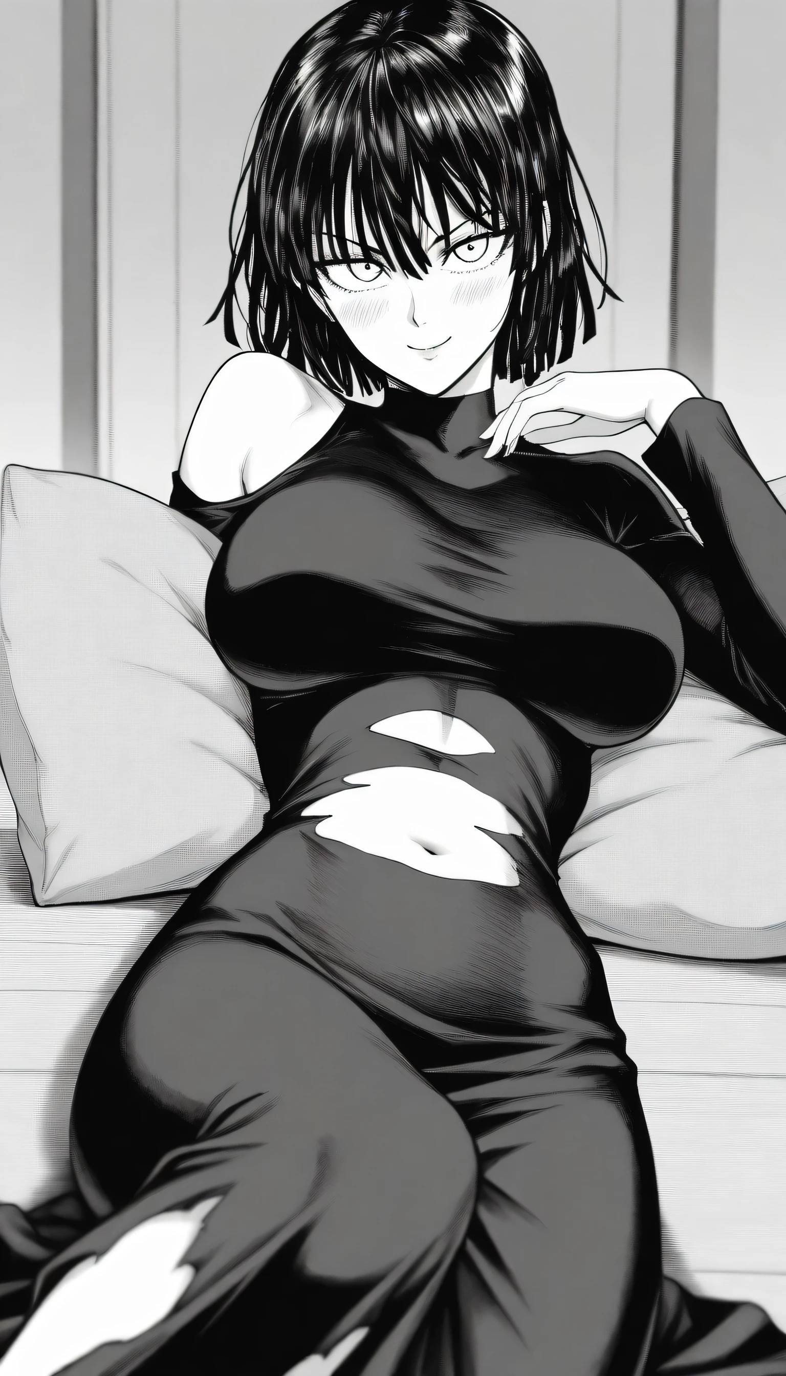 masterpiece, best quality, amazing quality, very aesthetic, intricate details, depth of field, scenery, BREAK.
monochrome, black and white, greyscale, screentones, halftone, ben-day dots, cross-hatching, hatching (texture), linear hatching, hatching \(art\), BREAK.
blush,
looking at viewer, smile expression, light smile,
(Smile eyed:1.2), (Enjoying eyes:1.2), (aged up:1.3),
BREAK.
(torn clothing:1.4), torn topwear,
(foreshortening:1.3), perspective,
torn black dress, long dress, long sleeves, turtleneck, , BREAK.
fubuki (one-punch man), white eyes, black hair, short hair, bangs, hair between eyes, large breasts, BREAK.,perfect navel,show off shoulders,laying on ground,torn cloth in shoulder,beautiful Curves,beautiful breasts,beautiful navel,torn clothe in legs,Beautiful legs,feminine body,physical signs indicate that fubuki is ready to have a sex,Porn atmosphere,fubuki sitting in pillow seductively,fubuki move her genitalia on pillow as she in riding position