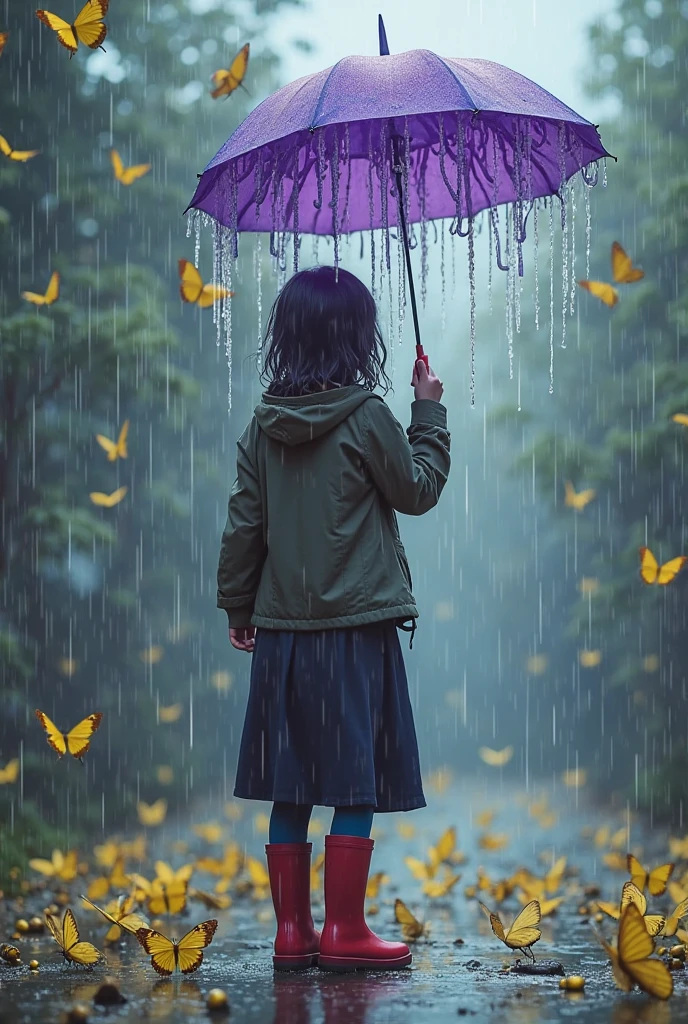 A girl is riding a bike through a rain-soaked forest. She holds a colorful umbrella over her head as she pedals. Her backpack is filled with books and she wears a puffy jacket. With rotet on 30⁰ in hight quality