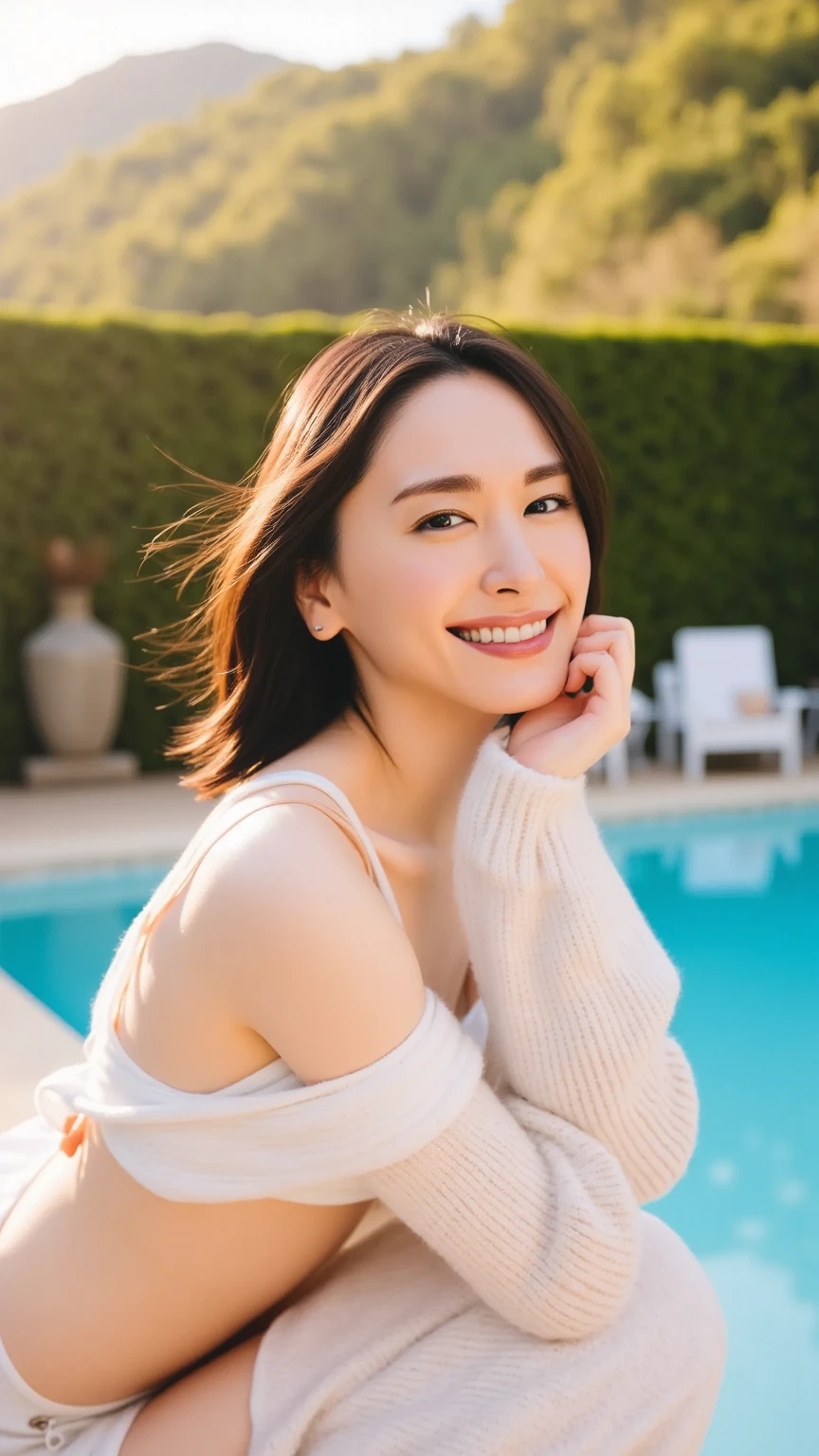 fashion model 18 years old， [[[[close up]]]], [[[[rapeseed]]]], [[[[Shoulder]]]], perfect eyes, perfect iris，perfect lips，perfect teeth，perfect skin，White skin，high dynamic range，movie girl，(((plum)))，(delicated face)，(HD facial set)))，(((obscene exposure)))，(((a white bikini)))，(((big deal胸)))，(((big deal)))，(((Beach in the background)))，((legs apart))，((beach chair))，(Coconut trees and palm trees)，((A smile of excitement and satisfaction on his face))，((Sexy and charming expression))，((looking at the audience))，4K Ultra HD, ultra high resolution, (realistically: 1.4), best quality，tmasterpiece，（pastel colors：1.2)