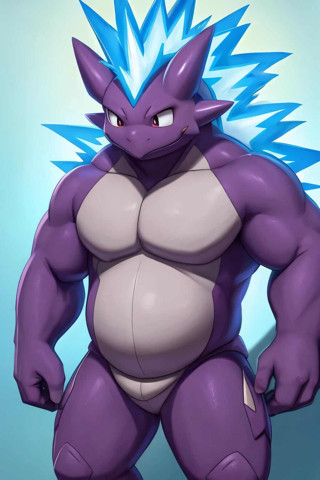 Nidoking, similar a pokemon, cheered up, chubby, male focus, stomach, red underwear, pleased, needy expression, expanding lump, detailed bulging lump, big balls, nipples, pose sexy