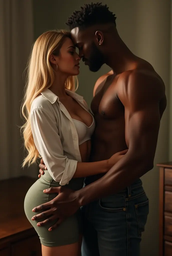 (Photorealsitic:1.4), (​masterpiece:1.3), (top-quality:1.4), ultrarealistic, HD 8k,
sexy well proportioned full body of 
((innocent and (sexy) little 25 years woman) and 
(tall (muscular) black man )), 
man lycra black thong, powerful jaw, detailed medium dreadlocks, dominant, big muscular arms, wide chest, narrow waist, strong legs, clean face,
she bright expression, extremely beautyful, amazing beautyful, extraordinary beautiful, Detailed cute and beautiful face, beautiful big blue eyes,freckles,  medium styllish blonde hair, perky small nose, thin red lips, Beautiful bangs, Glowing white shiny skin, Bangs that extend to the face, tight body, tonned abs, sexy pert buttocks, subtle makeup, extremely pale woman, extremely pale skin,
(cozy night bedroom), 
alternative vibe,vibrant lighting, high contrast,dramatic shadows,highly detailed,detailed skin,depth of field,dynamic angle,glimmer lighting, film grain, 
woman (short white plain  ((translucent night gown)),  pink undies) , extremely short translucent night gown,
man lycra briefs, 
full body view, woman standing in front a man, womsn back body joined tu man chest and hips, man holding woman , (man  kissing her back),  full standing view, desire look, sexy bite lips , 5 toes, perfect feet, passionate pose, ((uncovered body)), full body exposed, (no deformations), (no tattoos), (perfect fingers), extremely explicit and erotic, detailed breast