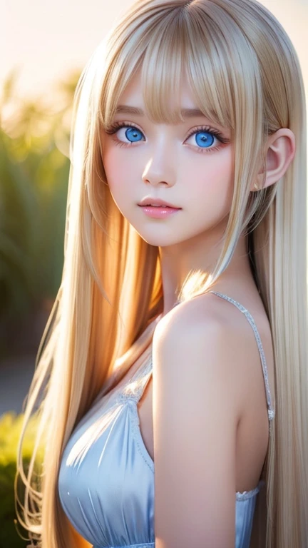 One girl、Portrait、、blue sky、bright and beautiful face、young, Very white shiny skin、The best beauty、Super long blonde hair with dazzling light reflections、Beautiful natural platinum blonde super long silky straight hair、long bangs between the eyes,、Extraordinarily beautiful -yeld、La, shining, clear, light blue eyes、Very big eyes、Small Facl、round face、