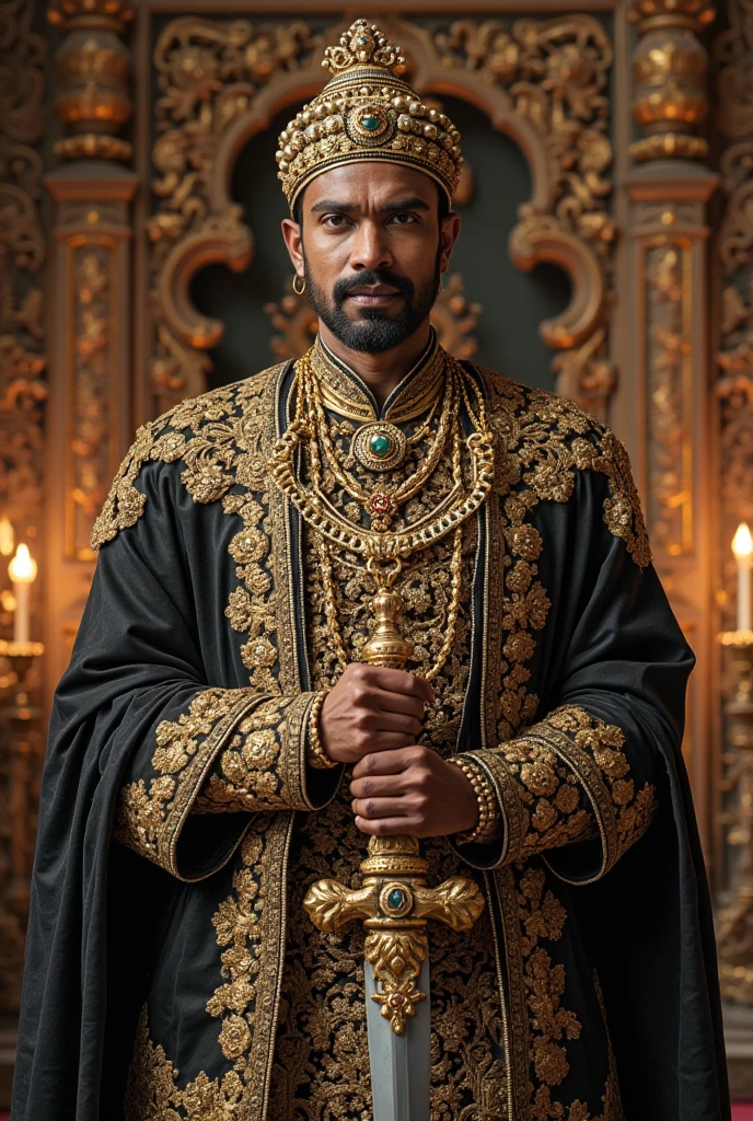 dark, mysterious and dramatic fantasy headshot of a young handsome south asian tyrannical ruler with glowing red eyes wearing black royal robes and ornate jewellery in a menacing dimly lit palace ((work of art)), ((best qualityer:1.2)), high resolution, 8k, (ultra_realisitic:1.3), (photorealisitic:1.4), cinematic, dynamic lighting, (detailed back ground), Depth of field, intrikate, 8k, skin detailed, (large pectorals:1), pectorals, abdomen, photo of a handsome man, Sexyroyalty, tails, jewerly, necklase, cape, bracelete, bracelet, ring, shorth hair, sitting in the throne, medieval castle indoors,
