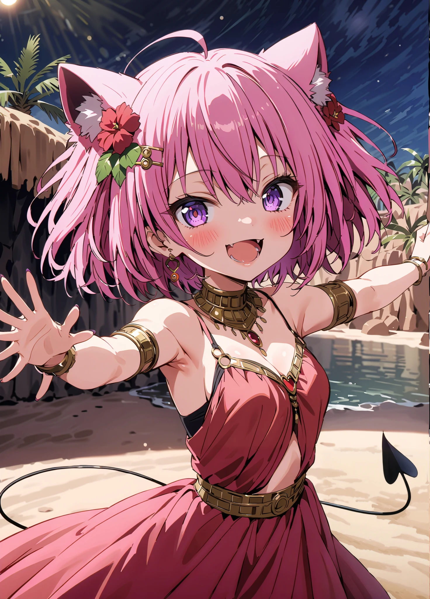 score_9, score_8_up, score_7_up, source_anime,
Momo Devil, Momo Deviluke, demon Tail, Hair Flower, hair ornaments close to the garden, purple eyes, pink hair, short hair, Tail,smile,blush,squint,opens her mouth,
demon Tail,Arabian clothing, dancer , mouth Veil, belly Dancing, Veil, armlet,, desert, oasis, palm tree, Bare legs,water, stage,Dancing,night,full bodyがイラストに入るように, break outdoors, desert, oasis,
break looking at viewer,full body,
break (masterpiece:1.2),Highest quality , kampala, Unity 8K Wallpaper ,(shape:0.8),( fine, beautiful eyes :1.6),It's a person ,full body写真,CG Details , (perfect hands, complete anatomy),