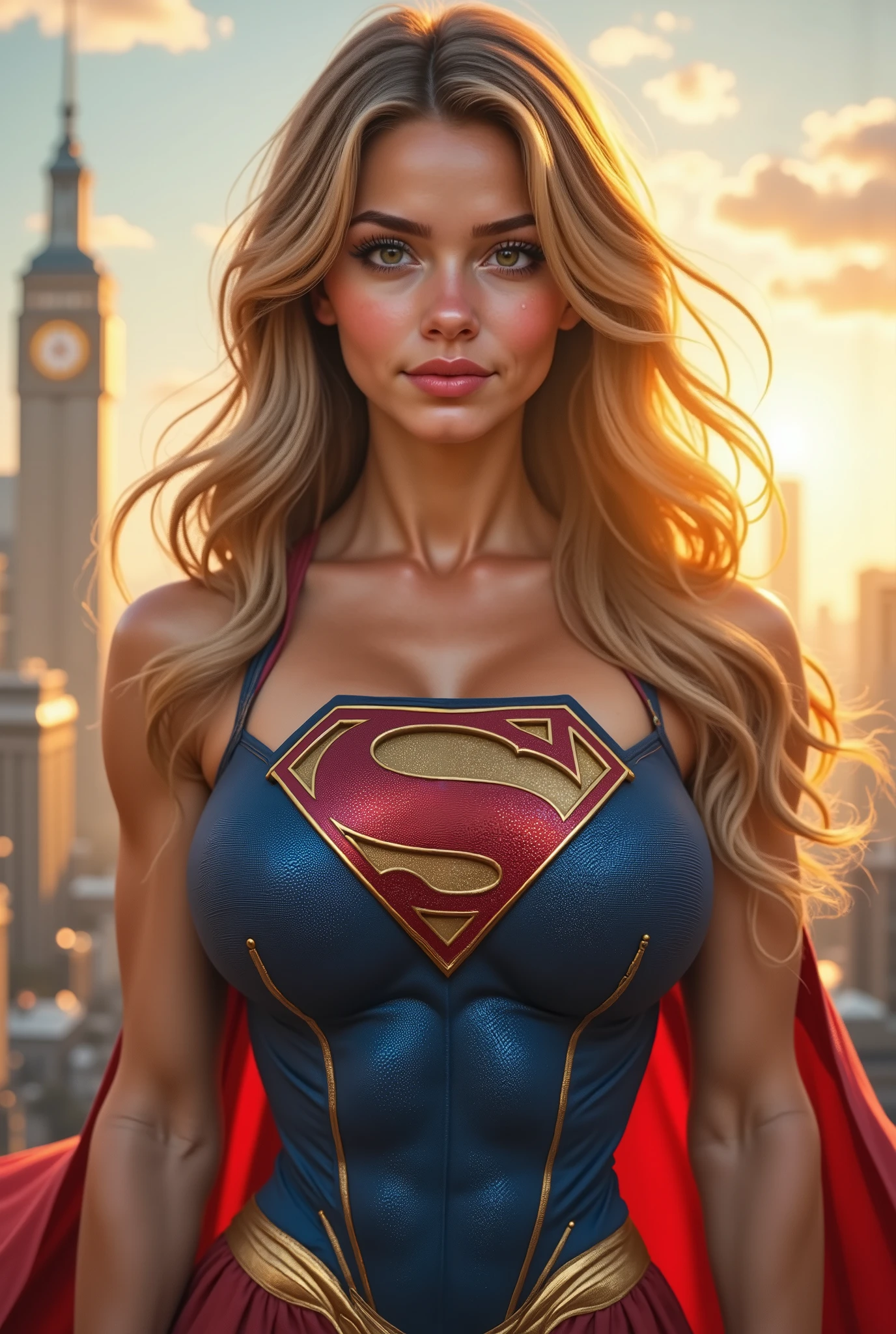 A vision of power and grace, a blonde stands poised, her eyes blazing with the incandescent energy of a thousand suns. Her costume, a modern twist on the iconic Superman suit, hugs her lithe form, a deep blue accented with bold crimson. The familiar "S" emblem, subtly redesigned, rests proudly on her chest, a symbol of strength and hope. Her hair, a cascade of golden waves, whips around her as she prepares for flight, a subtle wind suggesting the immense power she wields. The background is a vibrant cityscape, bathed in the warm glow of a setting sun, the buildings towering beneath her, dwarfed by her presence. She is not merely a girl; she is a force of nature, a beacon of hope in a world that needs her. Her expression is one of quiet determination, a hint of a smile playing on her lips, suggesting both her inherent kindness and her unwavering resolve. The image should capture the essence of her dual nature: the vulnerability of a ager and the unwavering strength of a superhero. The overall tone should be vibrant, dynamic, and inspiring, reflecting the power and potential of this extraordinary young woman. The details should be sharp and clear, showcasing the intricate design of her costume and the intensity of her gaze. This is not just a superhero; it's a symbol of empowerment, a testament to the strength that resides within every individual
