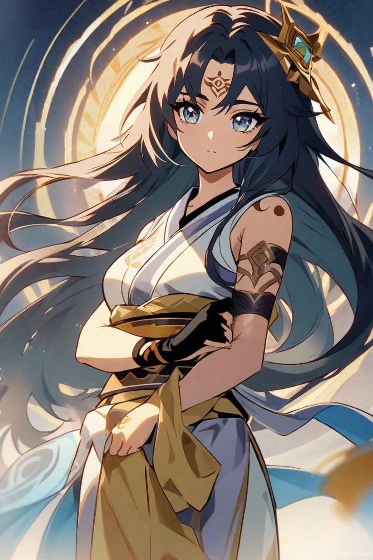 masterpiece, best quality, 1girl,(solo:1.3),standing,official art, simple background, close-up,looking at viewer, 
Sara,dark skin,tanned skin,long hair,black hair,huge breasts,heterochromia, blue eyes,green eyes,