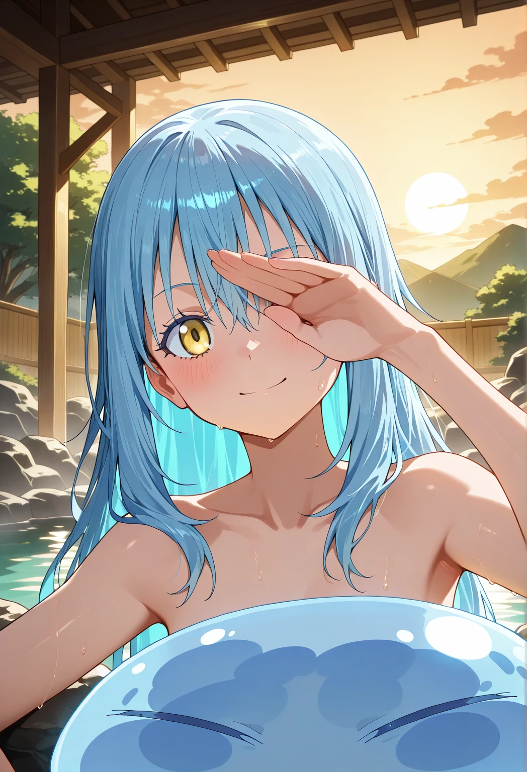 NSFW,masterpiece,Highest quality,High resolution,Super detailed,Sinon\(Sword Art Online\),nude,bath towel,Embarrassed,expectant face,Bad smile,blush,hot spring,Open-air bath,mixed bathing,(male),Hug,From the side