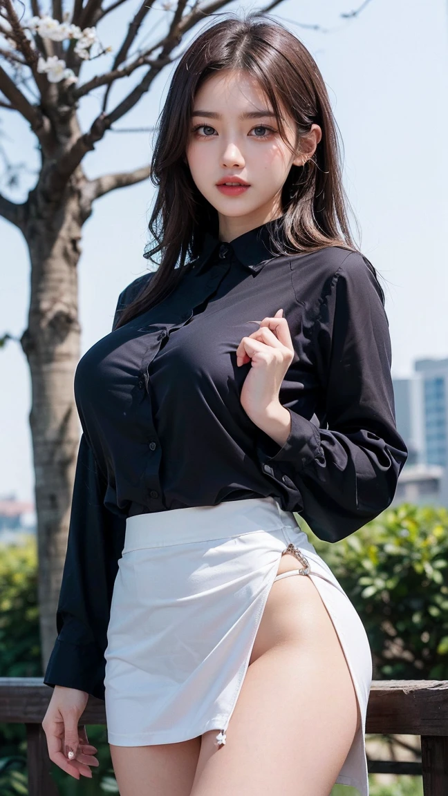 (((Full and soft breasts,)))(((Huge target chest))) (((Cleavage))) (Perfect curved body)1 female，45 years old，Married woman，MILF，Mature，plum bossom，Full breasts，Big breasts and thin waist，Long Law， solo，（background：Almond Grove，lotus，pond，Rosette，Tropical Garden） She has short black hair，Bob，，从front看， Stand among the flowers， partly cloudy，（（（masterpiece），（Very detailed CG Unity 8k wallpaper），Best quality，light，详细background，Beautiful and delicate eyes，smart student，black eyes，Snow-white skin，Red lips（Very delicate and beautiful），（Beautiful and detailed description of the eyes），Extremely detailed，masterpiece，））Facing the camera，high resolution，Extremely detailed）Convex，Legs open，性感Convex显，Camel toe，complexion，Desire Dissatisfaction，front，Nurse（Wear：Oversized ，Sagging breasts，，White transparent apron，Nurse帽，蓝色Nurse）