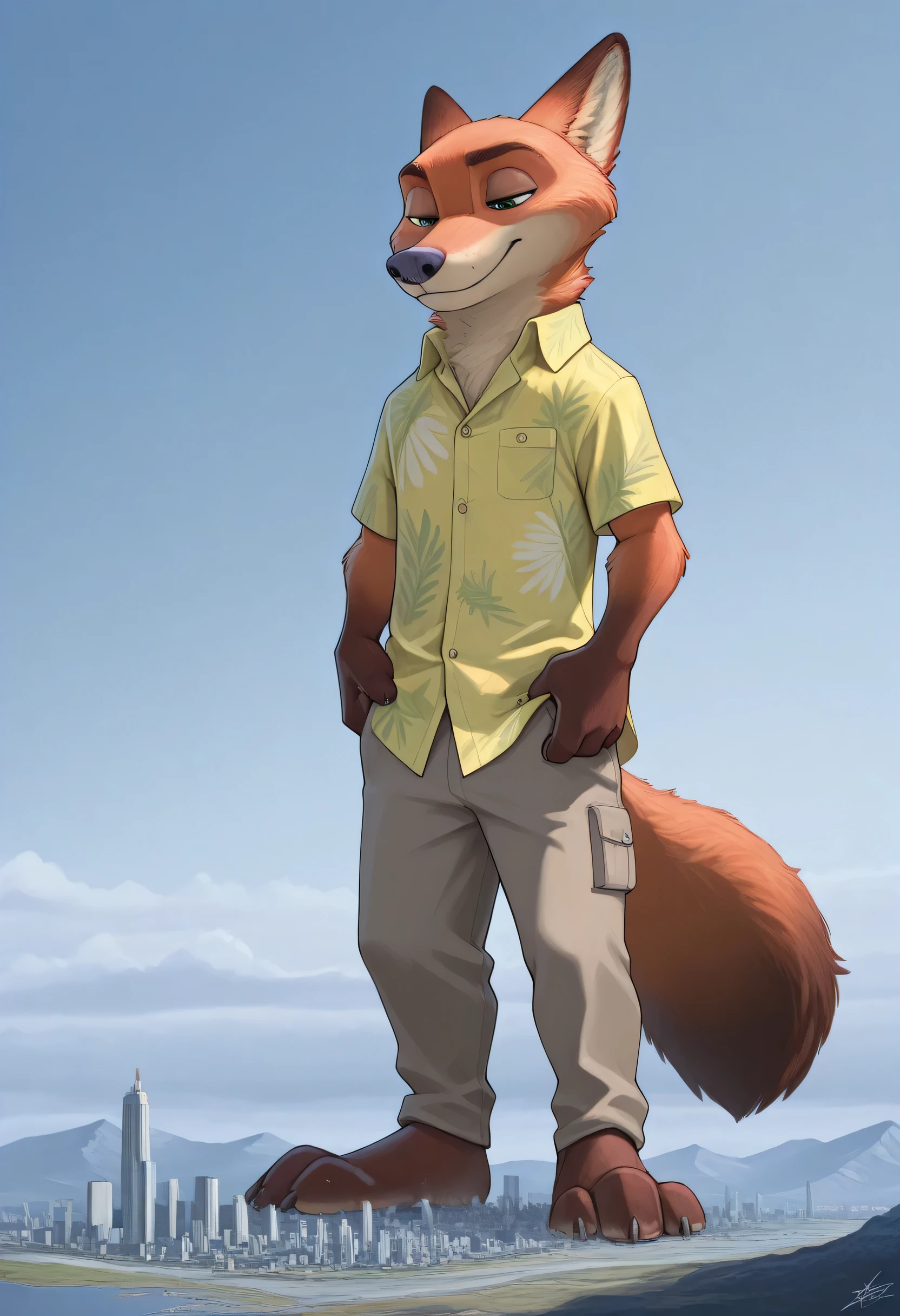 Masterpiece ,Best quality,military uniform amazing quality,
1 man, solo, a male, man, One, fluffy, Nick Wilde, Zootopia , khaki shirts, green Hawaiian shirt, overlooks the metropolis, macro, giga-sized, 50 kilometers tall, Giant, highly detailed face, high body detail, 4k quality, full length