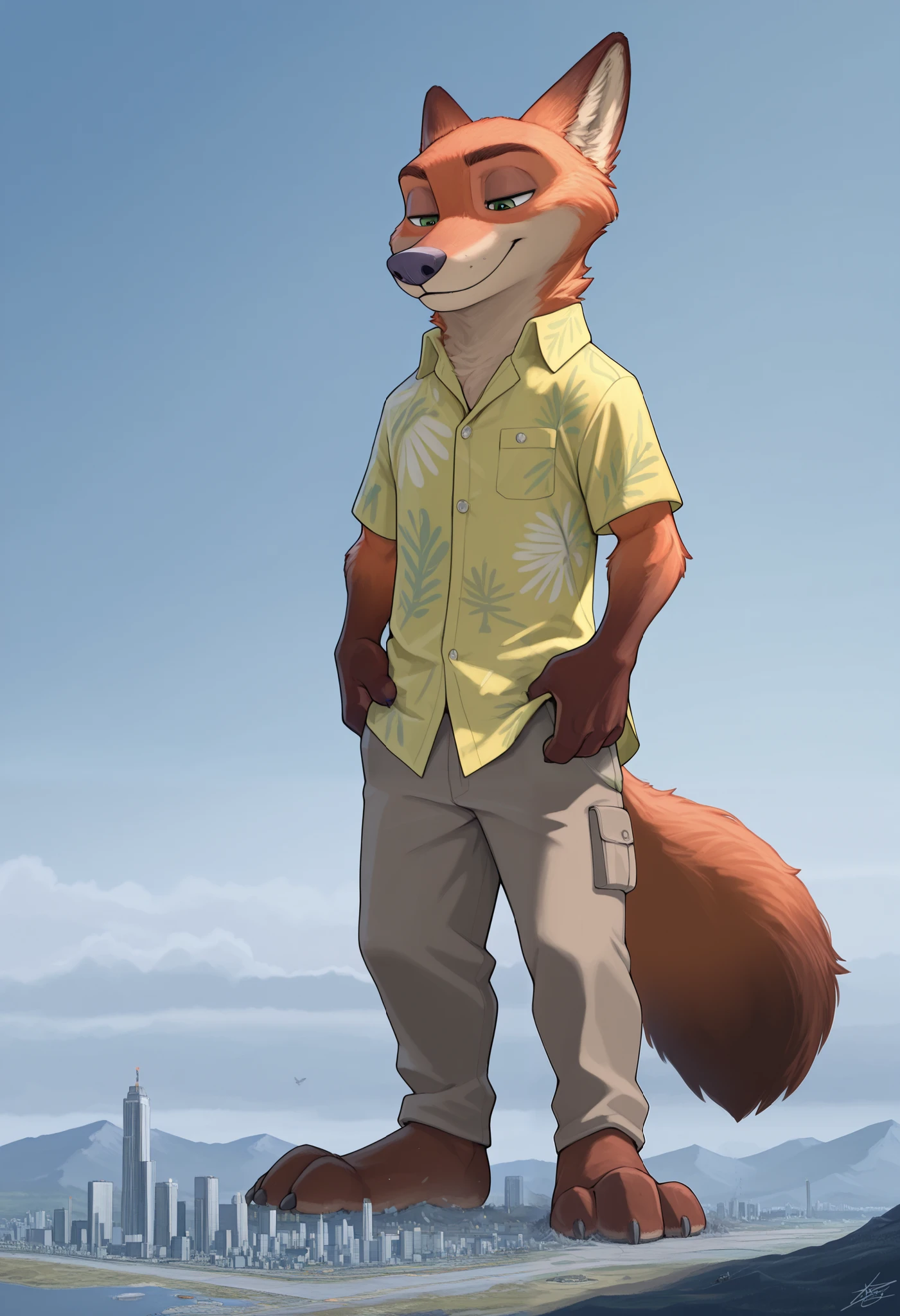 Masterpiece ,Best quality,military uniform amazing quality,
1 man, solo, a male, man, One, fluffy, Nick Wilde, Zootopia , khaki shirts, green Hawaiian shirt, overlooks the metropolis, macro, giga-sized, 50 kilometers tall, Giant, highly detailed face, high body detail, 4k quality, full length