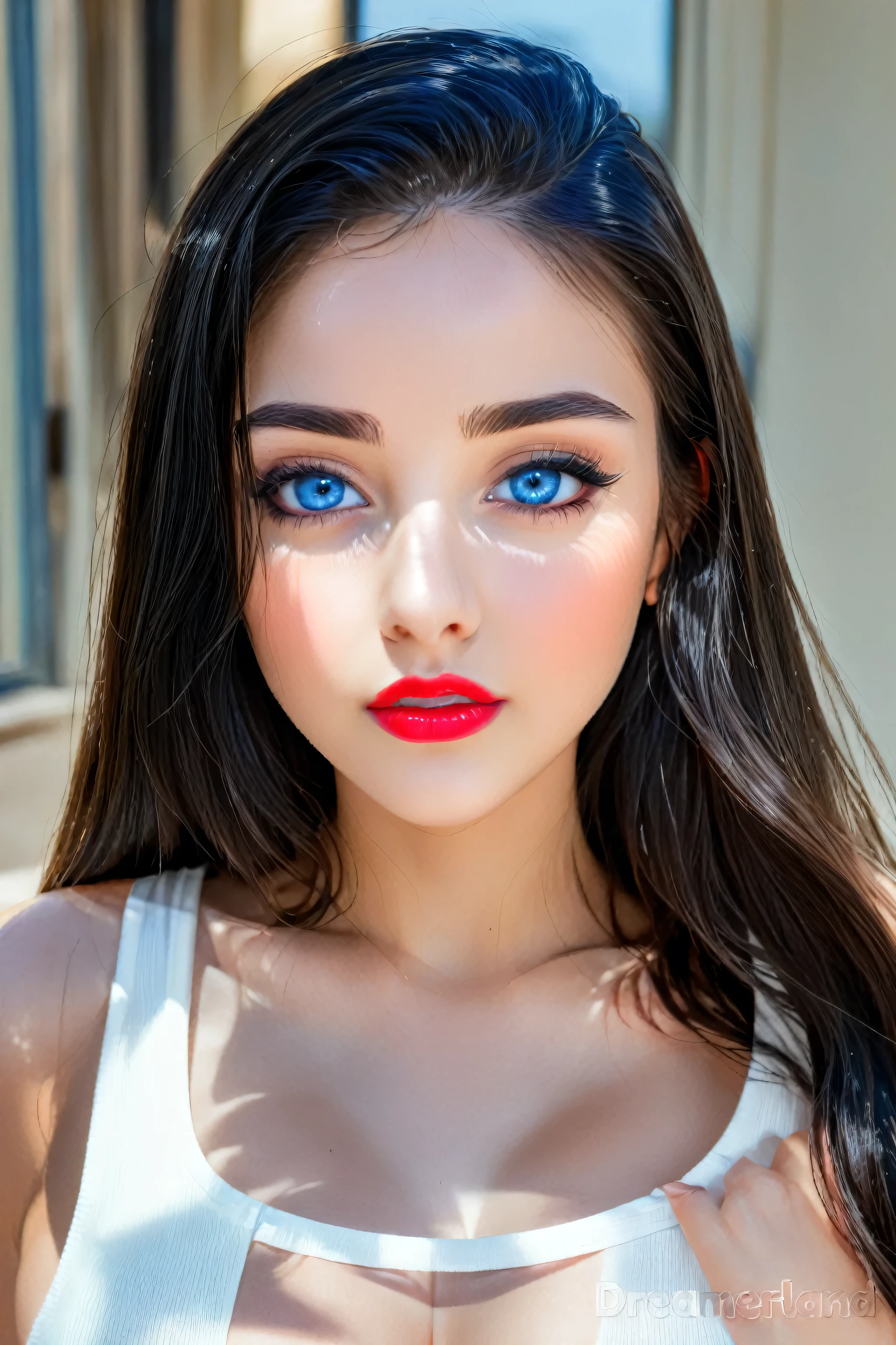 young girl, (), perfect face, black long hair, forehead, black natural eyebrows, big blue eyes, black eyeliners, nose, blush, red thick lips, beautiful girl, white tank top, medium breasts