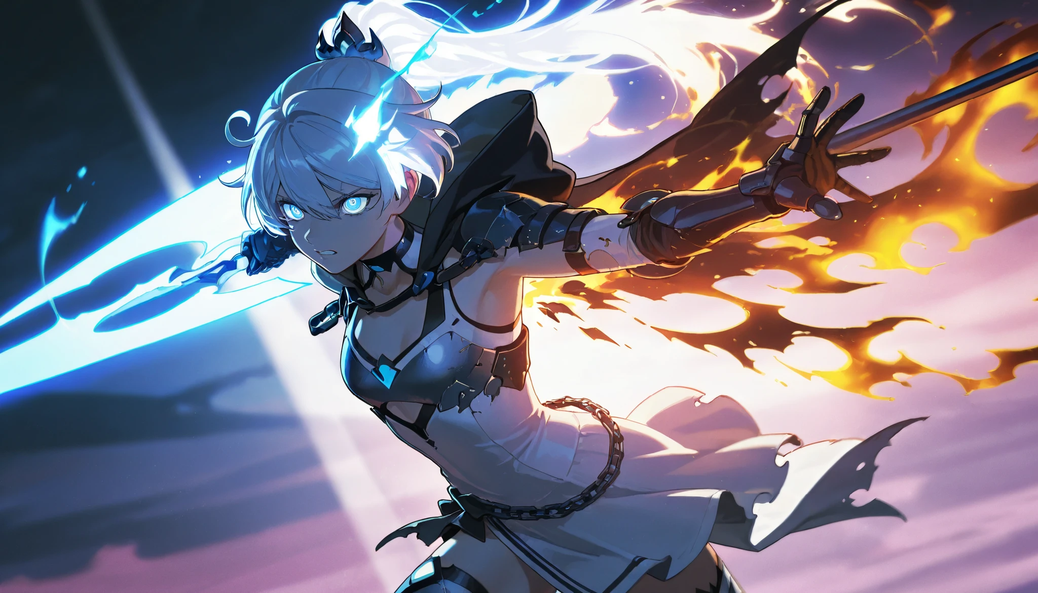 Anime illustration, detailed anime artstyle, cinematic background, extremely detailed background, backlighting, backlit, cold light, colorful, light reflection, solo, 1girl, (cowboy shot, upper body shot:1.2), asymmetrical armor, detailed skin, extremely detailed eyes, dynamic pose, Kiana, pure shining white hair, [long hair, high ponytail|(black flames, burning hair:1.2):0.4], kiana kaslana, flat chest blue eyes, bright eyes, glowing eyes, ringed eyes, HoF_Def, dress, white dress, white breastplate, clothing cutout, broken armor, cracked armor, battle dress, (broken clothes, clothes break:1.1), [shredded cape, broken cape|burning wings], [blue liquid flames, wielding a greatsword|(swordstaff, glaive, black flames, black napalm:1.2):0.5], sports bra, cloak, d4rkr34p3r, armor:pauldrons, hood, choker, gauntlets, chain:thighhighs, half-skirt, high heel boots, clenched teeth, serious expression