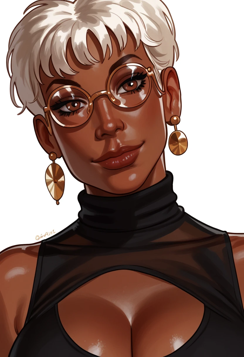 safe_pos, score_9, score_8_up, score_8, score_7_up, score_7, ((close up)), face focus, Expressiveh
BREAK
1girl, solo, Marty_kjt, white hair, earrings, brown eyes, glasses, cleavage, ((dark-skinned female)), , broad , thick thighs, looking at viewer, head tilt,  look, aroused, , standing, sleeveless black turtleneck sweater, light smile
BREAK
white background