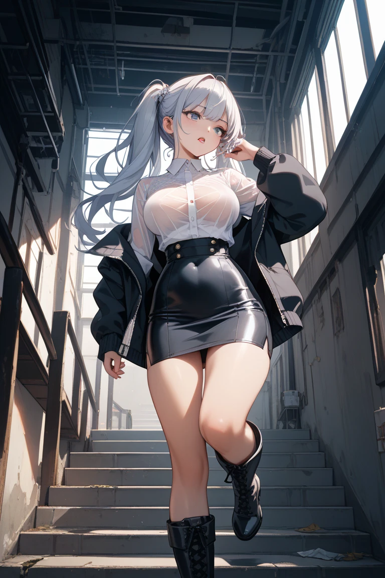 high resolution, best quality, master piece, very high image quality, ultra detailed, hyper realistic, 3d, from below, standing open legs, arms crossed, intelligent beauty, black glasses, white silver glossy hair, high layer cut, mullet hair style, sparkling glossy blue big eyes, glossy lips, white open-chested cardigan, blue sexy lingerie, black tight miniskirt, black knee-high socks, high heels, huge breasts, full body, slender
