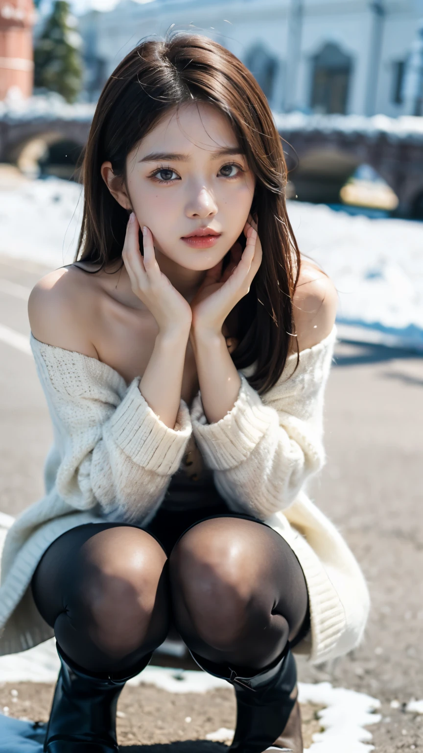 (closeup shot:1.4)、(Raw-Photo:1.2)、(Photorealcitic:1.4)、(​masterpiece:1.3)、(Top  Quality:1.4)、dream-like、(A detailed eye)、(Detailed facial features)、(detailed clothing features)、clear skin、(shinny skin)、(Slender and Beautiful Girl)、(Beautiful bridge lines)、one girls、(FULL BODYSHOT)、独奏、cute little、Happy smiling face、(tits huge)、beauty breast、bangss、Short bob、A dark-haired、black  eyes、Long scarf、White wool sweater、off-the-shoulders、mini-skirt、Black thick pantyhose、Snow boots、I can see the panties、indecency、Erotic、