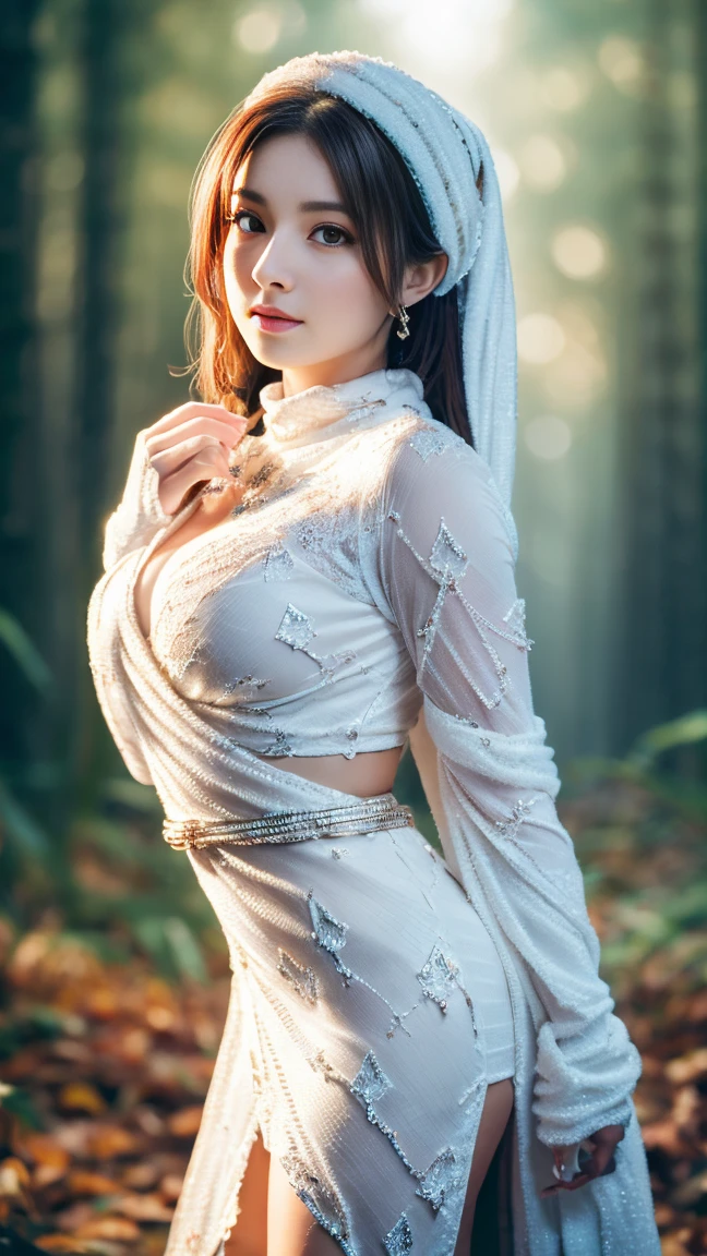 (masterpiece), (highest quality), (detailed), Light Layer, 1 Solo Girl, Girl in the forest, Sexy transparent colonial dress, Perfect body, Blonde Hair, The chest is pronounced, Prominent clavicle, Ultra-realistic, Realistic, detailed, Tight, see-through nipples, Wet clothes,  