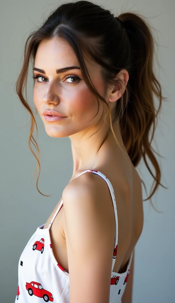 A hyper-realistic, high-quality photo of a beautiful young woman with long brown hair styled in a ponytail, seen from a side profile. She has flawless, smooth skin and is wearing a sleeveless red dress. The background is a soft, gradient light color, enhancing the focus on her glowing complexion and elegant pose. The lighting is soft and even, creating a natural and radiant look. The overall mood is serene and elegant. The image should emphasize realistic textures, lifelike skin tones, and detailed facial features to enhance the sense of realism.